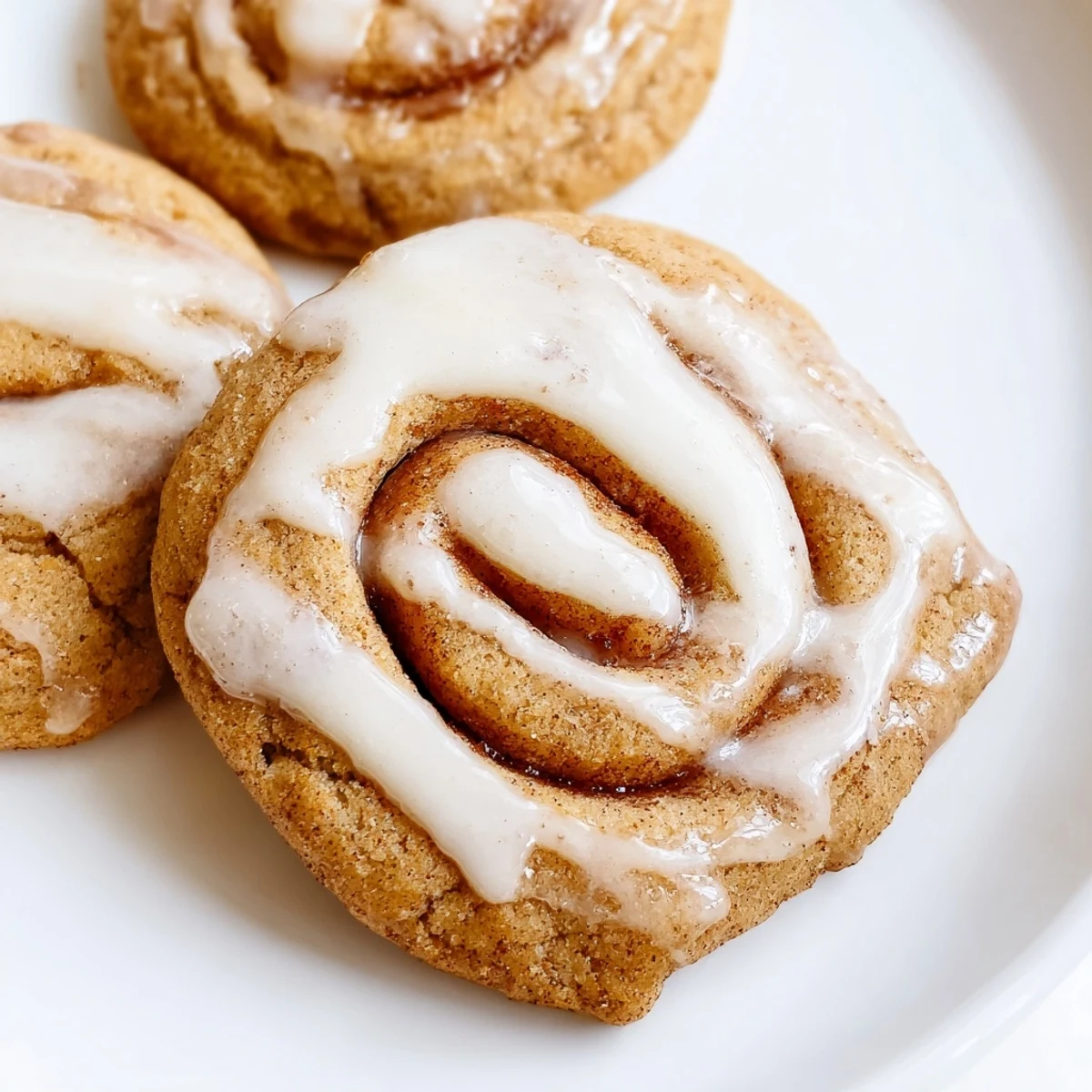 A close-up of a Cinnamon Roll Inspired Sugar Cookies drizzled with vanilla glaze, showing a warm cinnamon swirl on a soft cookie.