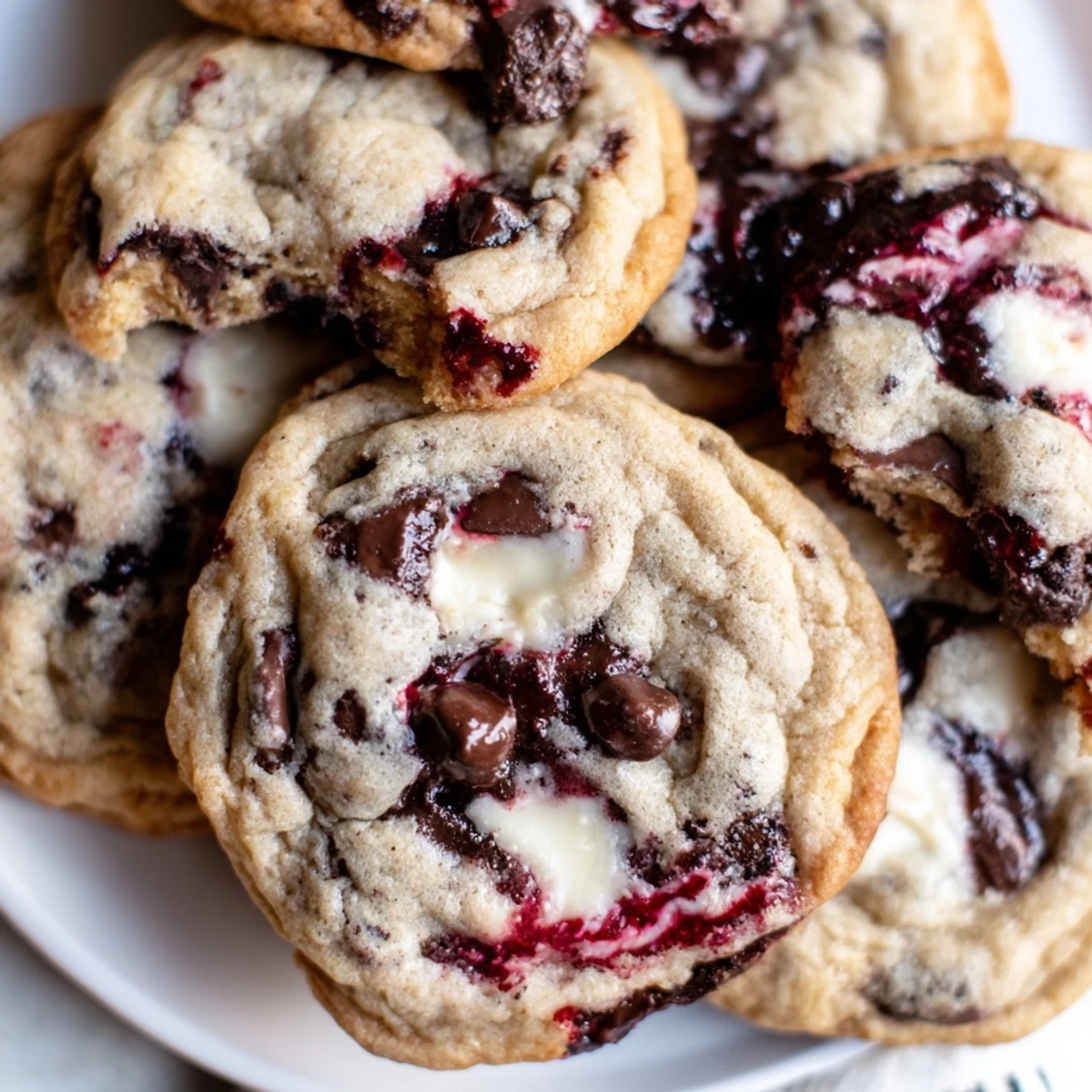 Freshly baked Blackberry Cheesecake Chocolate Chip Cookies on a rustic wooden board.  