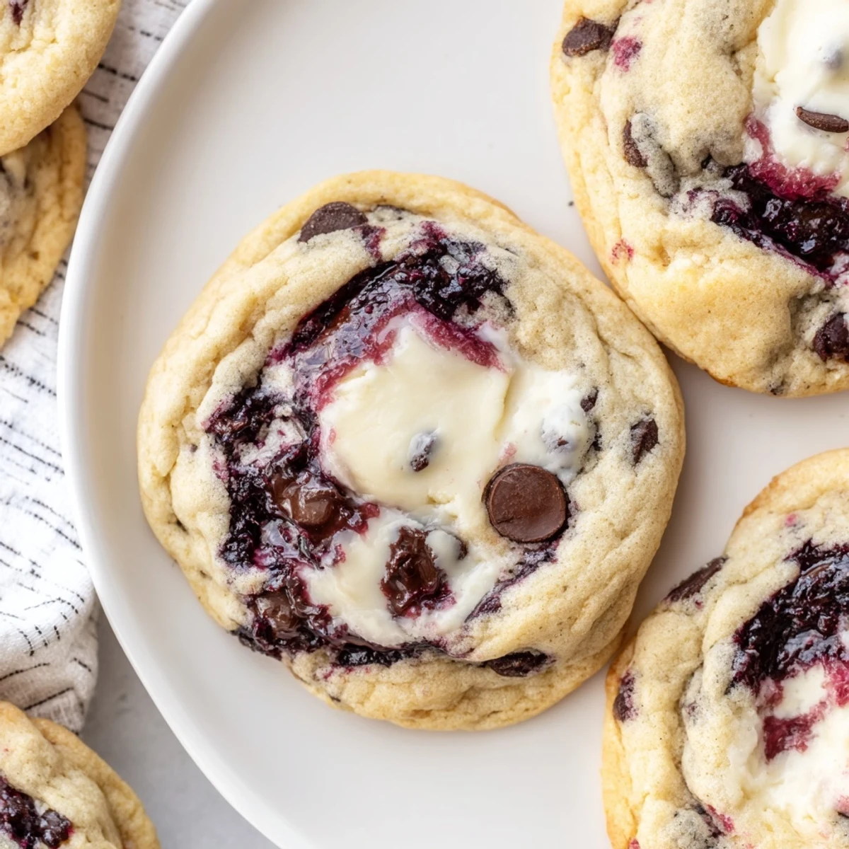 Blackberry Cheesecake Chocolate Chip Cookies with jam swirls and chocolate chips on a white plate.  