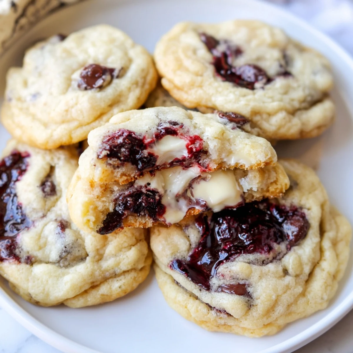 Stack of warm Blackberry Cheesecake Chocolate Chip Cookies with gooey blackberry filling.