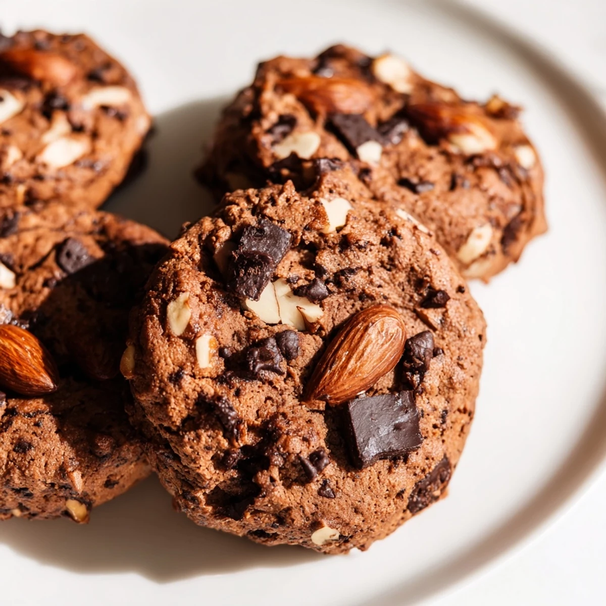 Freshly baked Keto Mocha Almond Chocolate Chip Cookies cooling on a wire rack, showing cracked tops and melting chocolate chunks.  