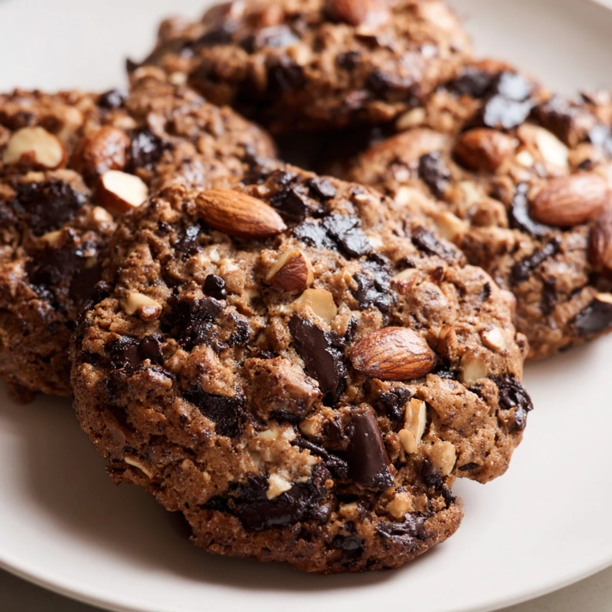 A close-up of Keto Mocha Almond Chocolate Chip Cookies with chopped almonds and dark chocolate chips on a marble countertop.  