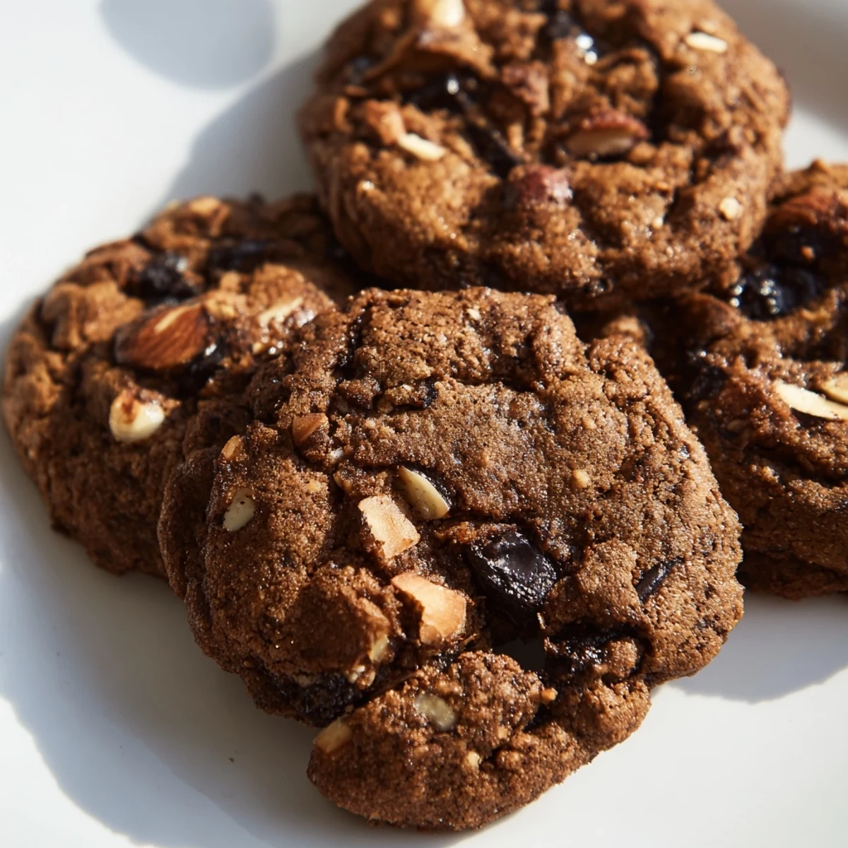 Keto Mocha Almond Chocolate Chip Cookies on a rustic platter, dusted with cocoa and ready to enjoy with coffee.