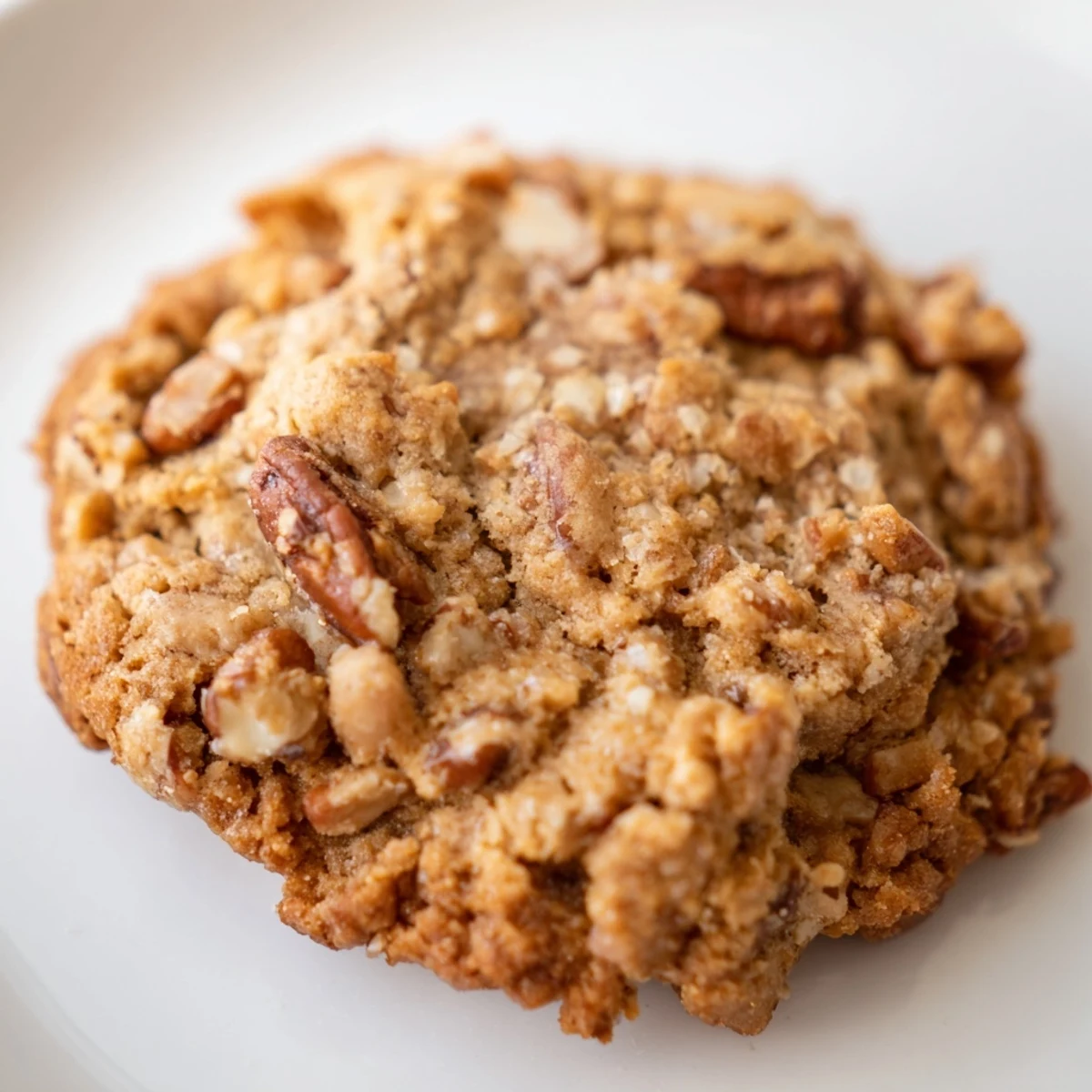 A close-up of freshly baked Brown Butter Maple Pecan Keto Cookies with golden edges, showcasing chopped pecans and a soft, chewy texture on a rustic wooden board.