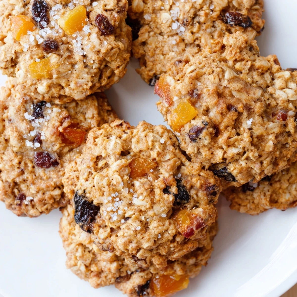Golden-brown cookies show plump raisins and tender peach pieces, with warm cinnamon spices visible.
