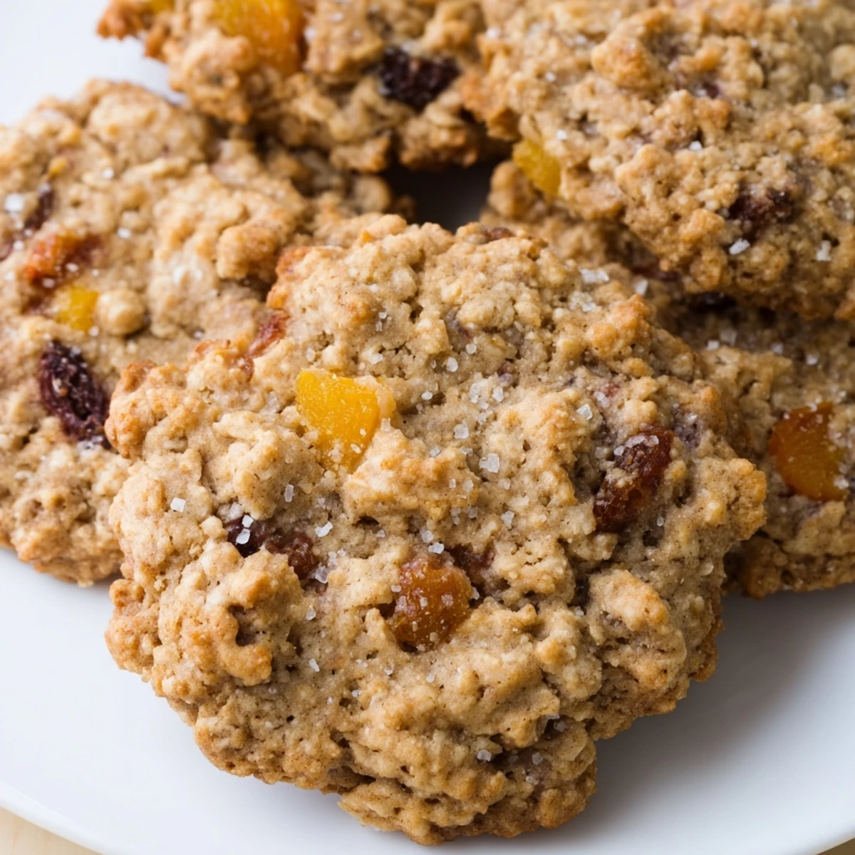 A close-up of freshly baked Peach Cobbler Oatmeal Raisin Cookies on a wooden board.