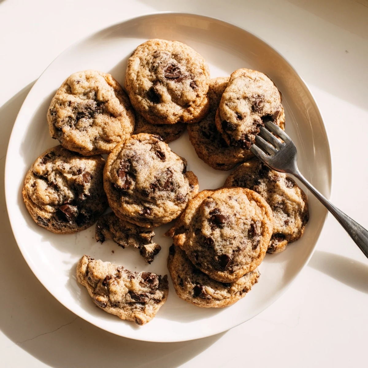 Freshly baked Sourdough Discard Chocolate Chip Cookies on a cooling rack with melted chocolate pools.