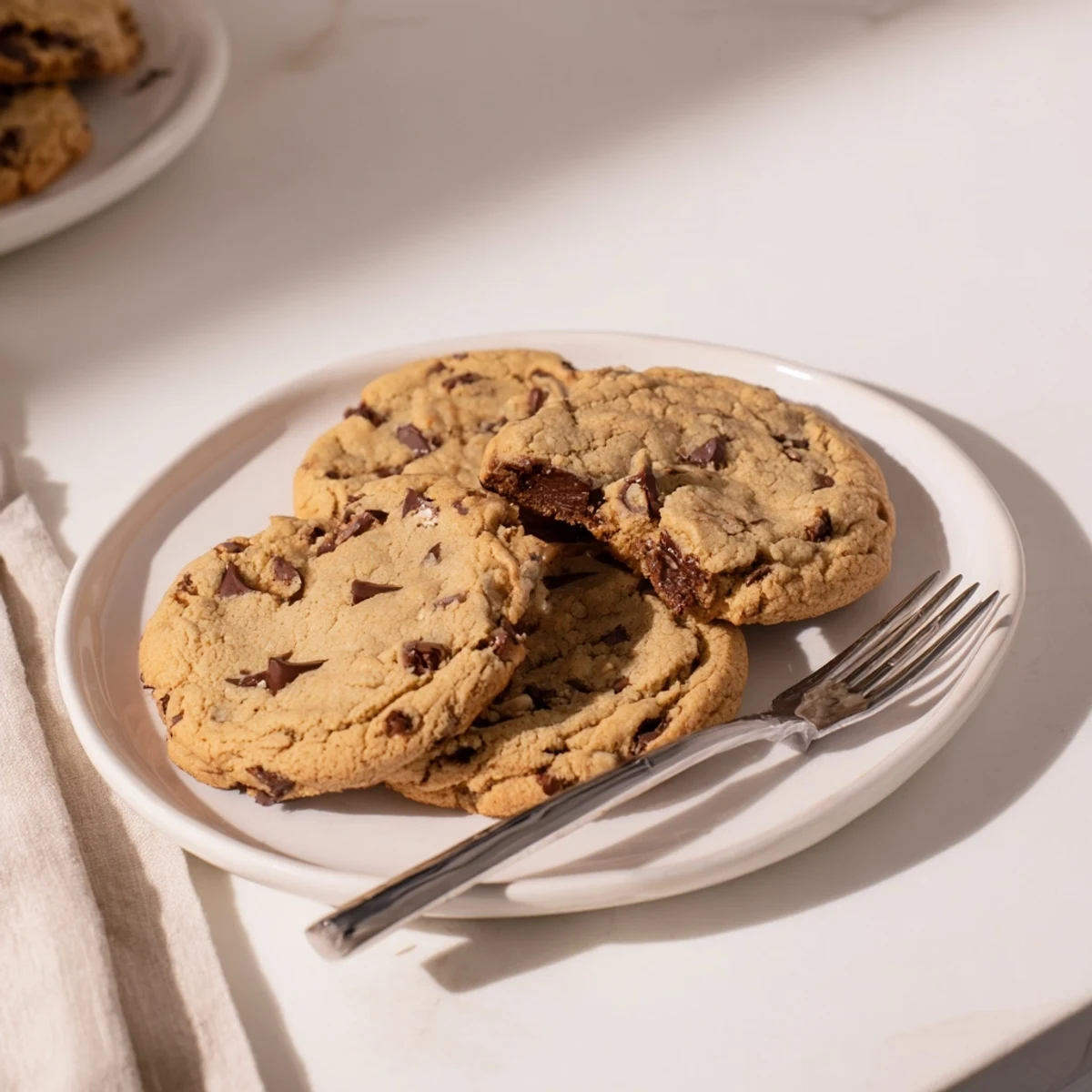 Warm Sourdough Discard Chocolate Chip Cookies with a soft center served on a dessert plate.