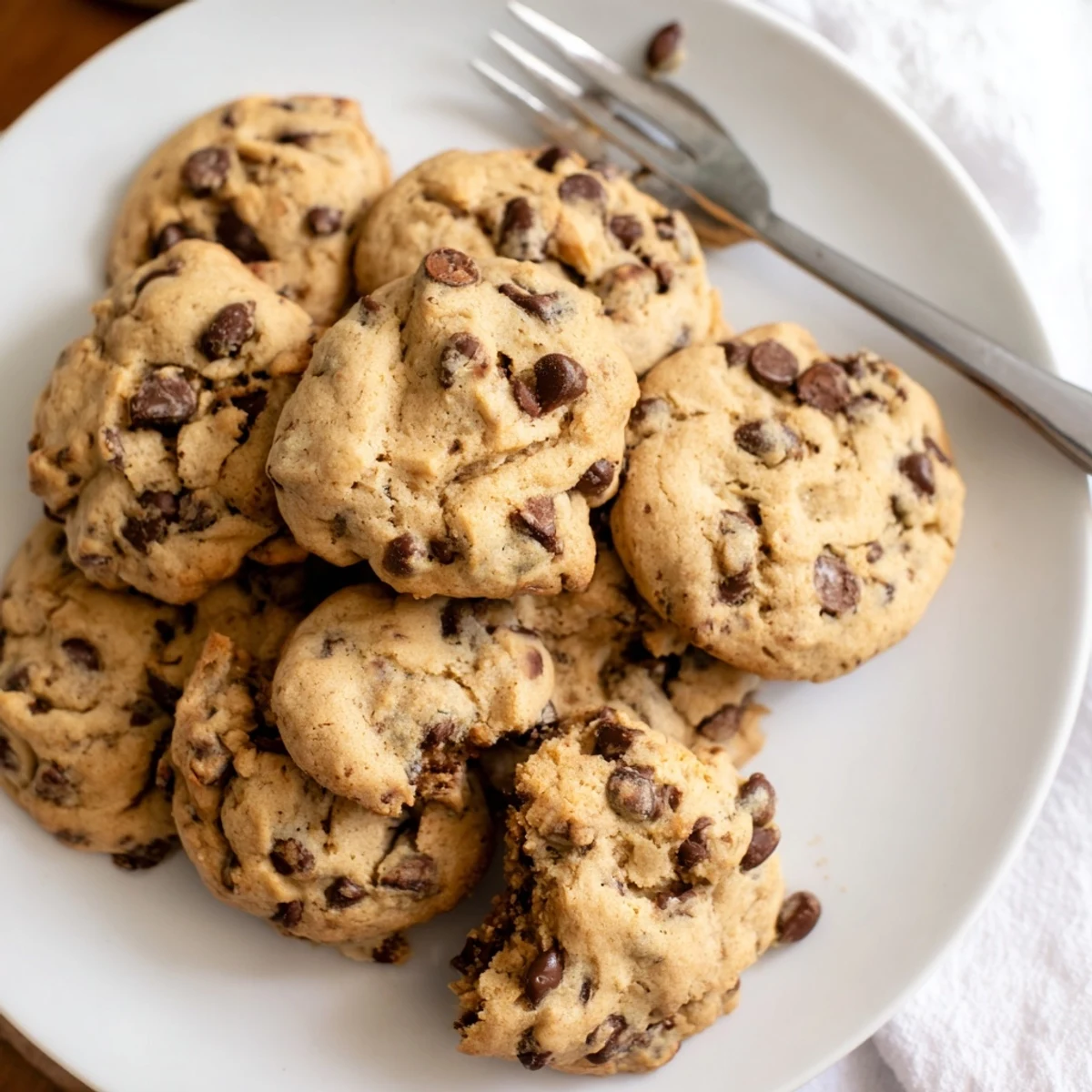 Golden brown Sourdough Discard Chocolate Chip Cookies stacked on a rustic wooden board beside milk.