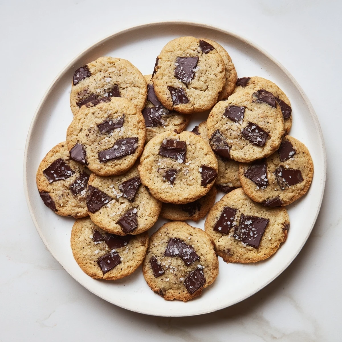 Freshly baked Smoked Sea Salt Dark Chocolate Chip Cookies on a cooling rack, showcasing gooey dark chocolate pools and a shimmering salt sprinkle.