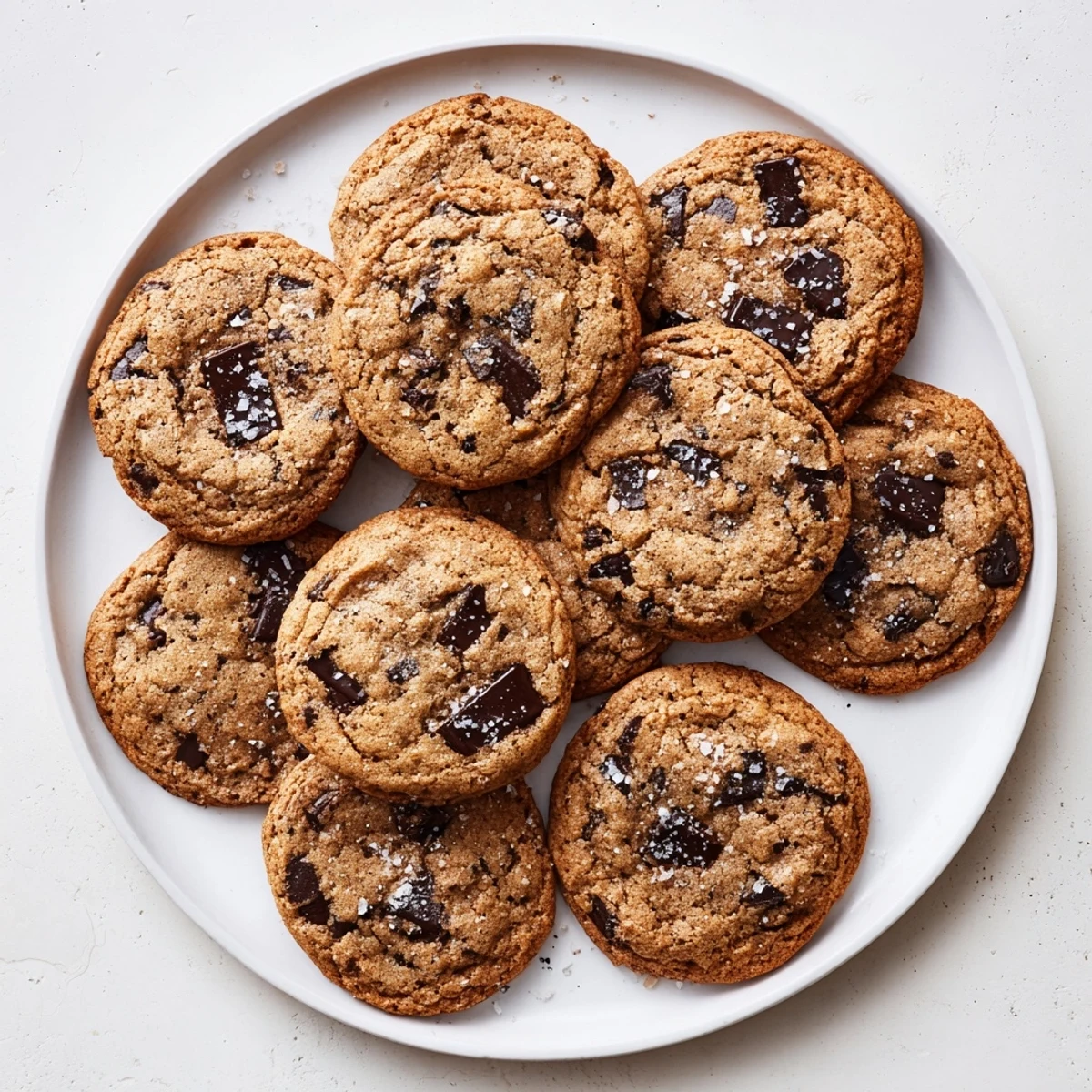 A stack of warm Smoked Sea Salt Dark Chocolate Chip Cookies reveals rich, melty chocolate chips and a golden, chewy edge.