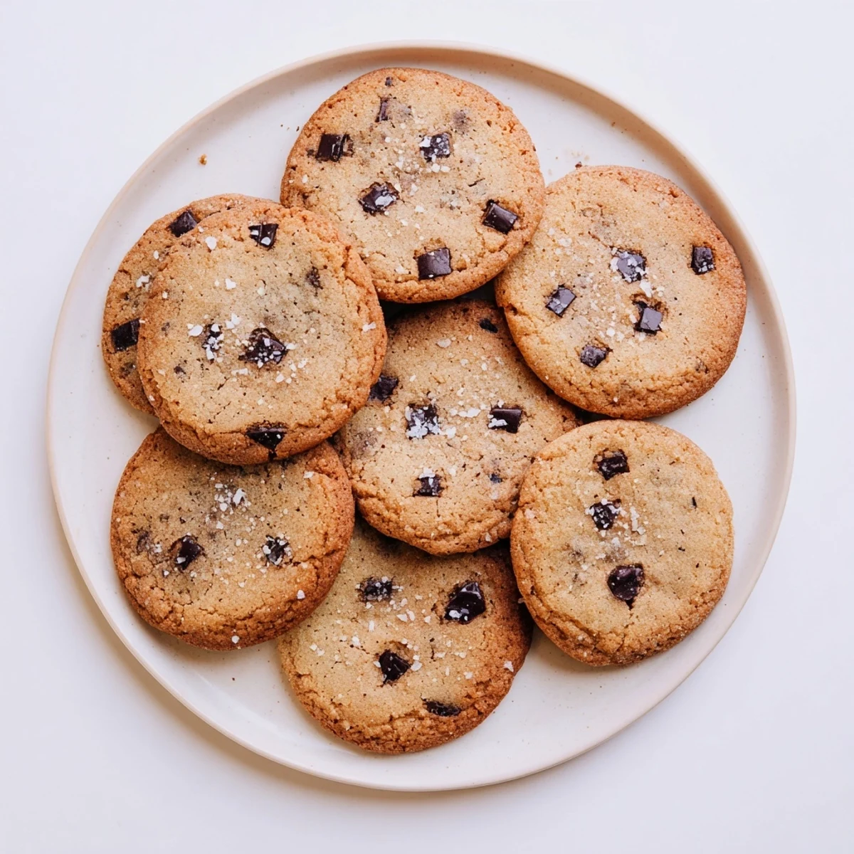 Overhead view of Smoked Sea Salt Dark Chocolate Chip Cookies arranged on a rustic wooden board with sea salt flakes visible.