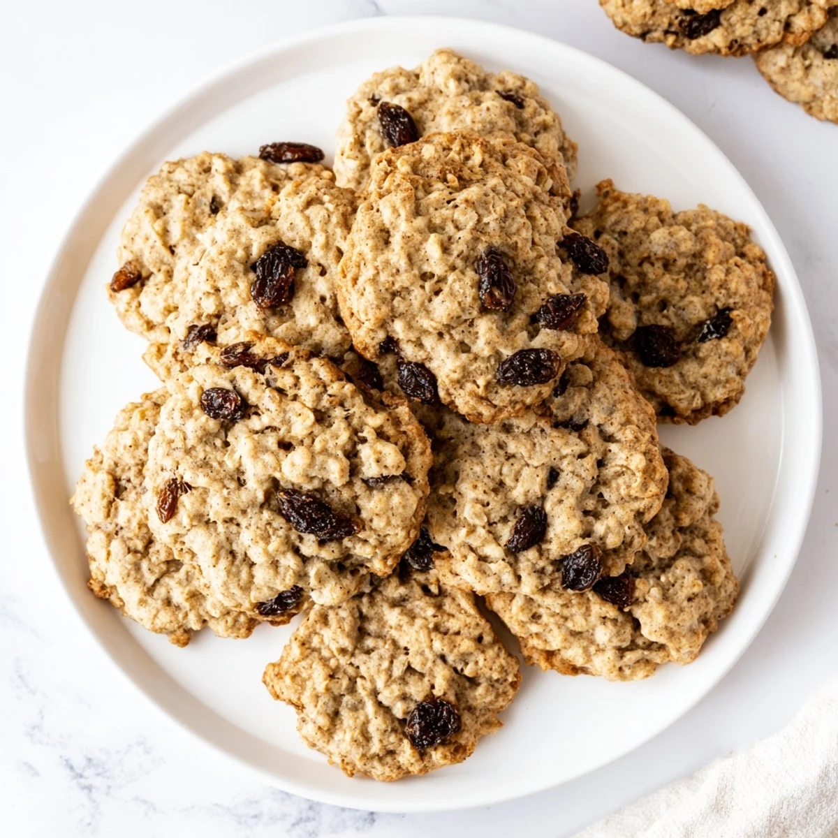 Freshly baked Apple Cider Oatmeal Raisin Cookies on a wire rack, with golden edges and plump raisins visible.