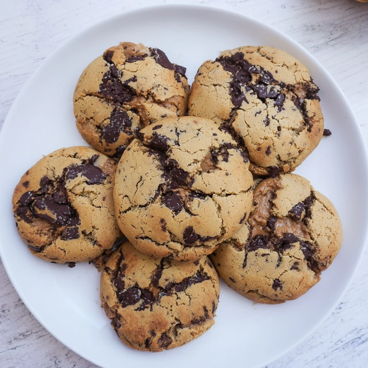 Freshly baked Vegan Biscoff Stuffed Chocolate Chip Cookies on a cooling rack with melted chocolate chips.