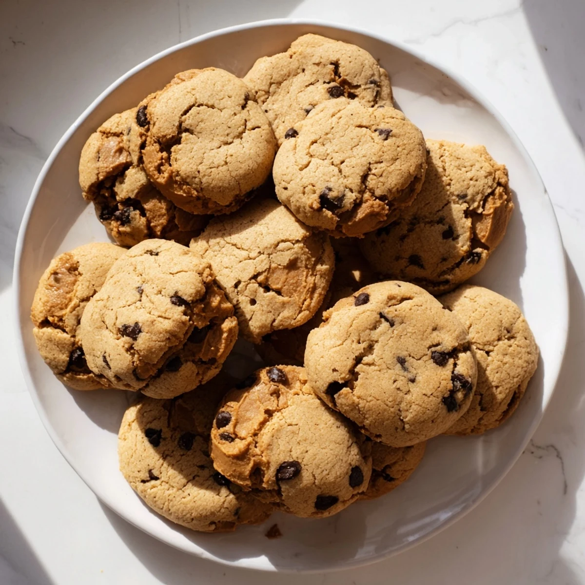 Golden edges surround the soft Vegan Biscoff Stuffed Chocolate Chip Cookies paired with a glass of oat milk.