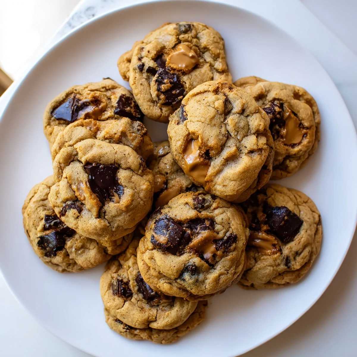 A gooey middle erupts from a warm Vegan Biscoff Stuffed Chocolate Chip Cookies held in a hand.