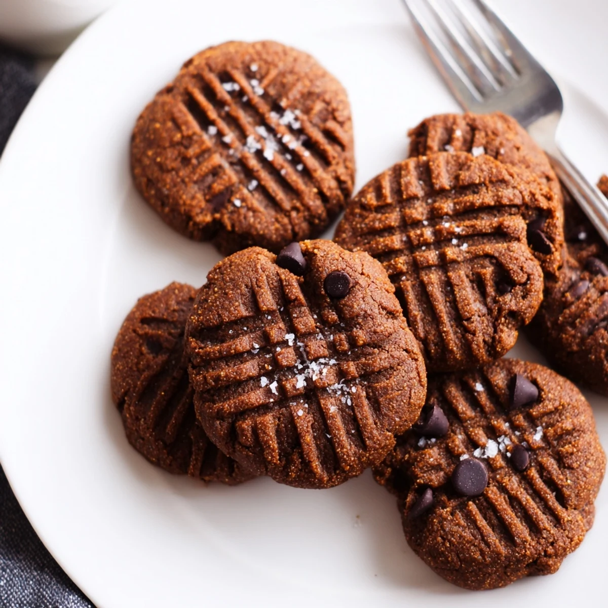 Freshly baked Keto Peanut Butter Espresso Cookies on a cooling rack, showing crisscross fork marks, with a steaming cup of coffee nearby.