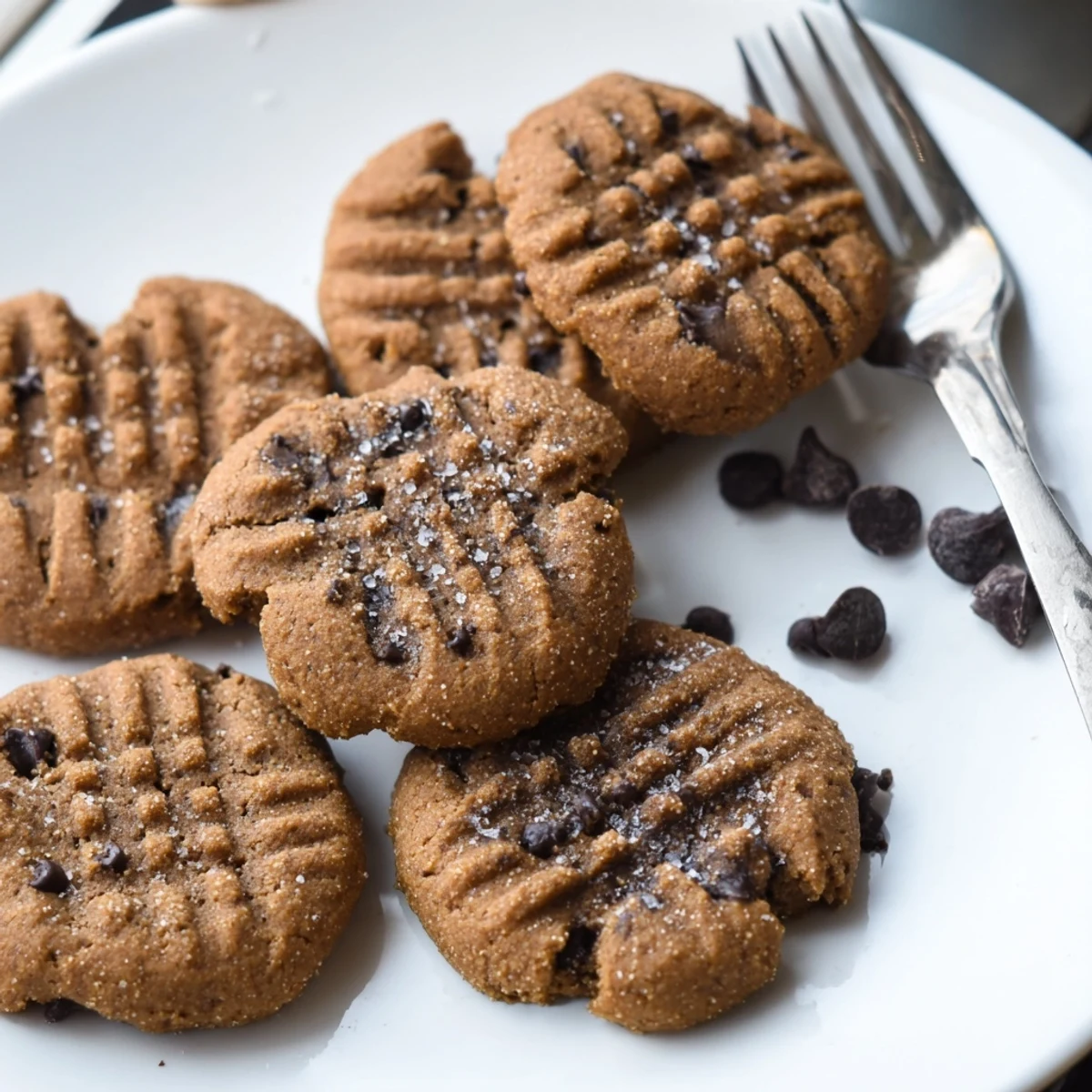 Close-up of Keto Peanut Butter Espresso Cookies with melted sugar-free chocolate chips, rich espresso aroma, on a rustic wooden kitchen table.
