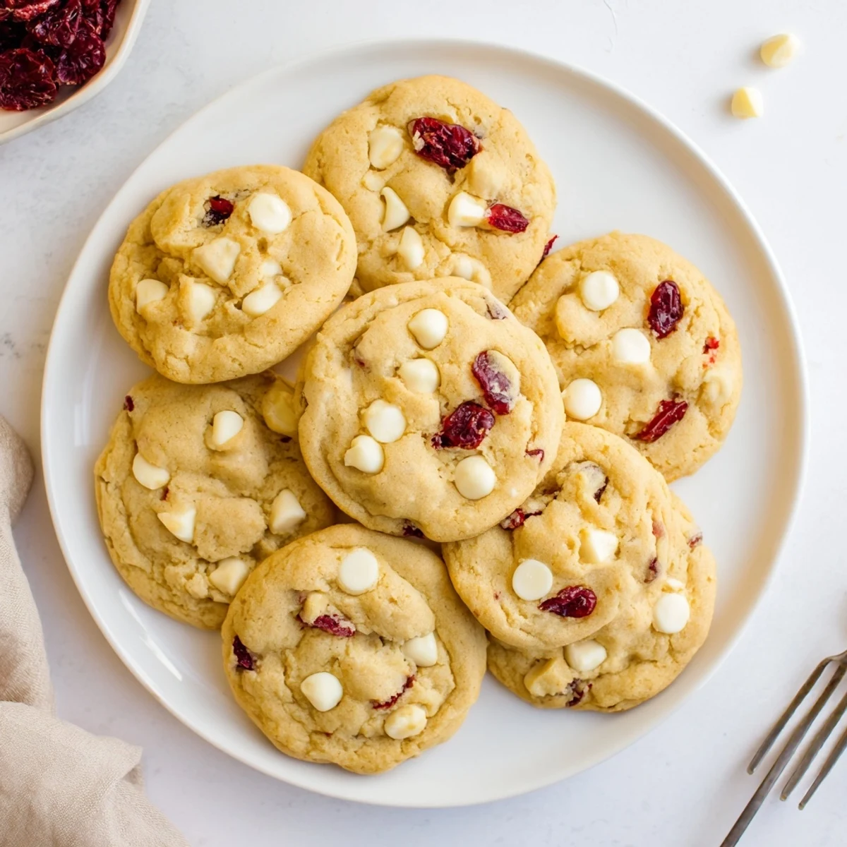 White Chocolate Cranberry Gluten-Free Cookies display gooey white chips and tart cranberries on a plate.