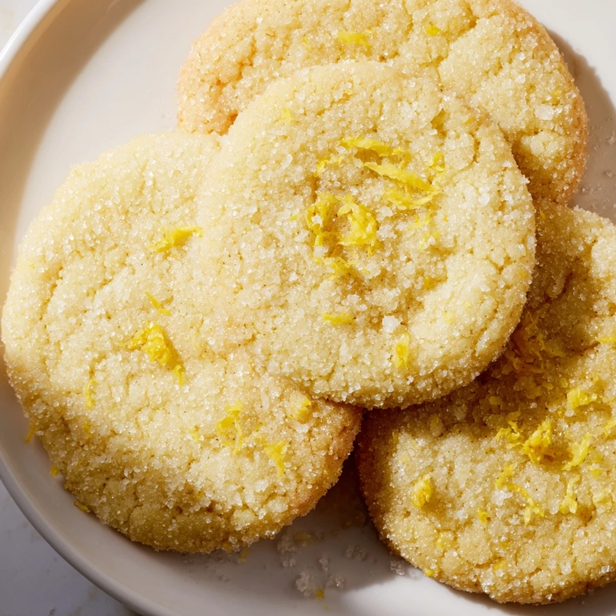 Freshly baked Vegan Lemon Olive Oil Sugar Cookies with crisp edges and a tender, chewy center, arranged on a cooling rack.