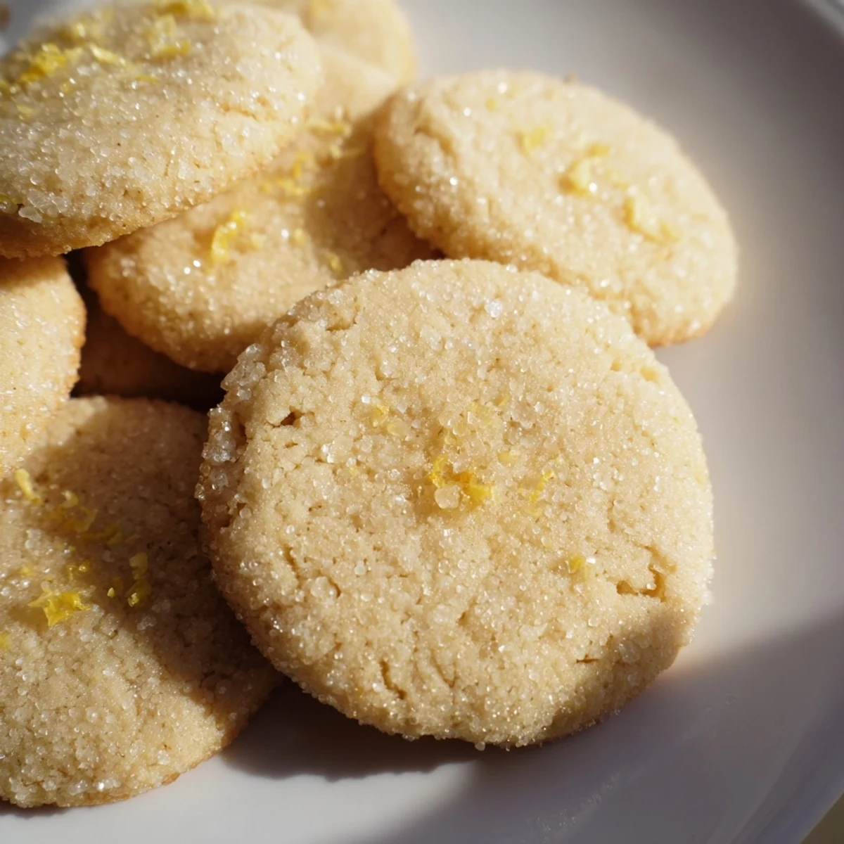 Close-up of Vegan Lemon Olive Oil Sugar Cookies dusted with sugar, showing a bright, zesty lemon flavor and golden baked edges.