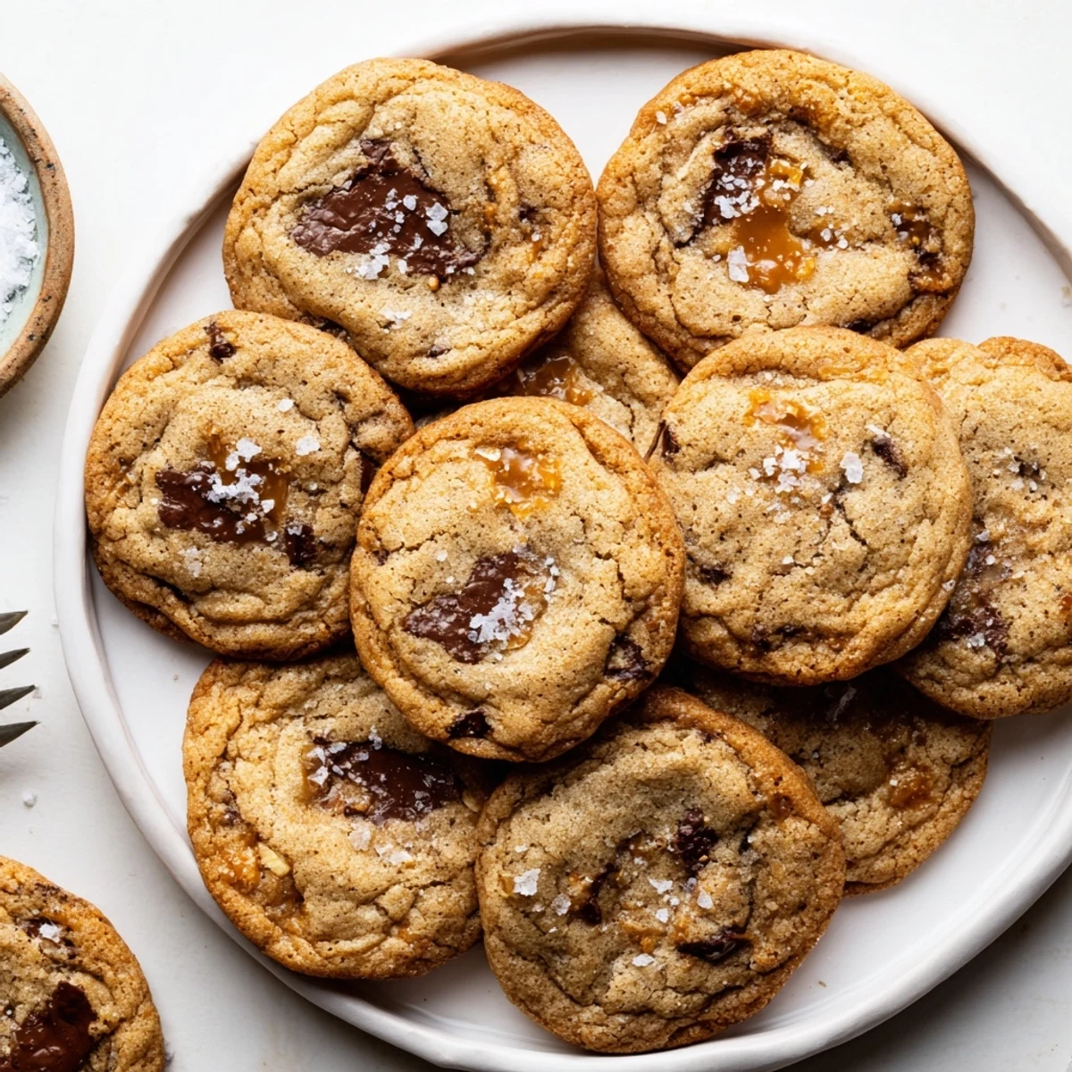 Warm Miso Caramel Chocolate Chip Cookies with gooey caramel swirls and melty chocolate on a cooling rack.