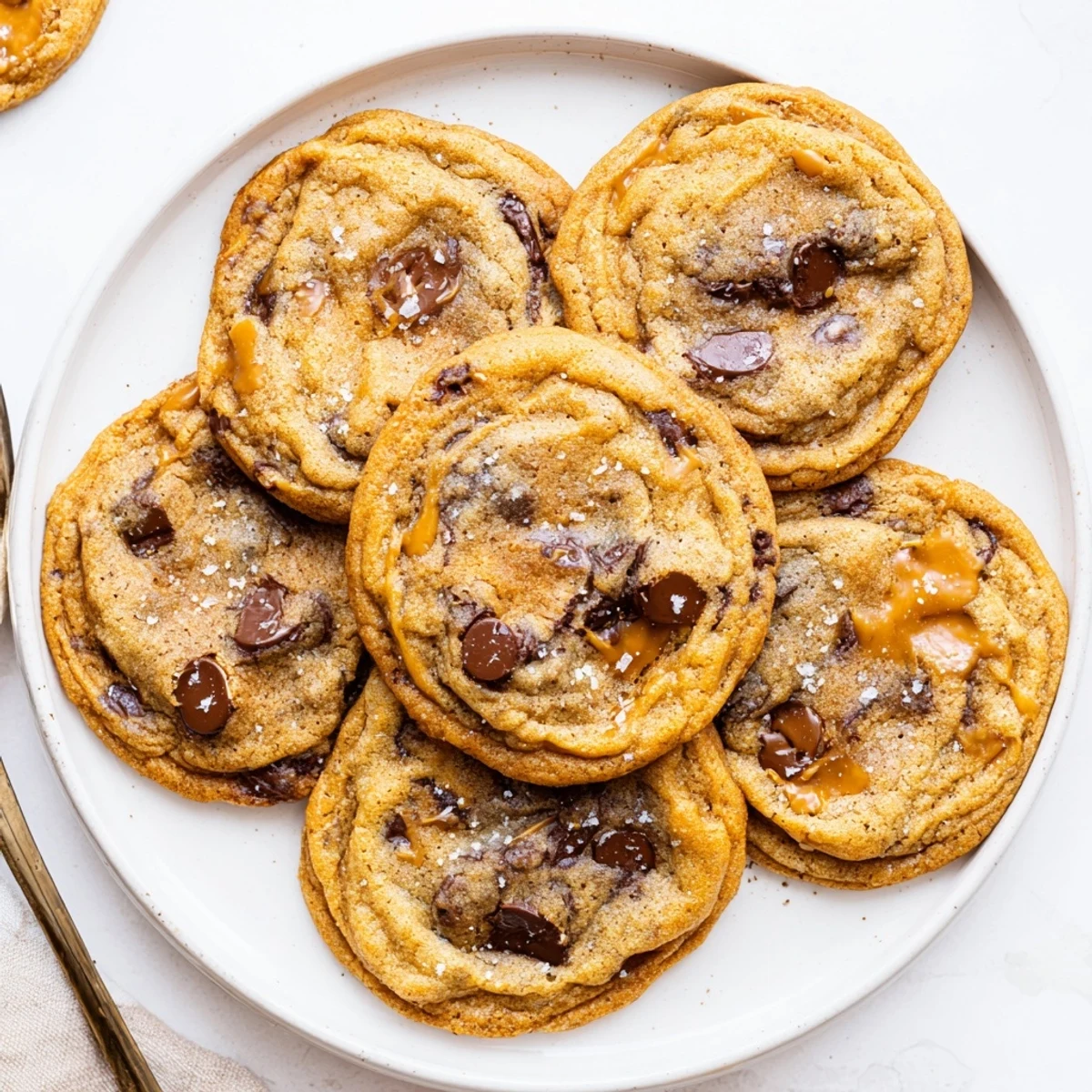 Freshly baked Miso Caramel Chocolate Chip Cookies, chewy and golden, served with a cold glass of milk.