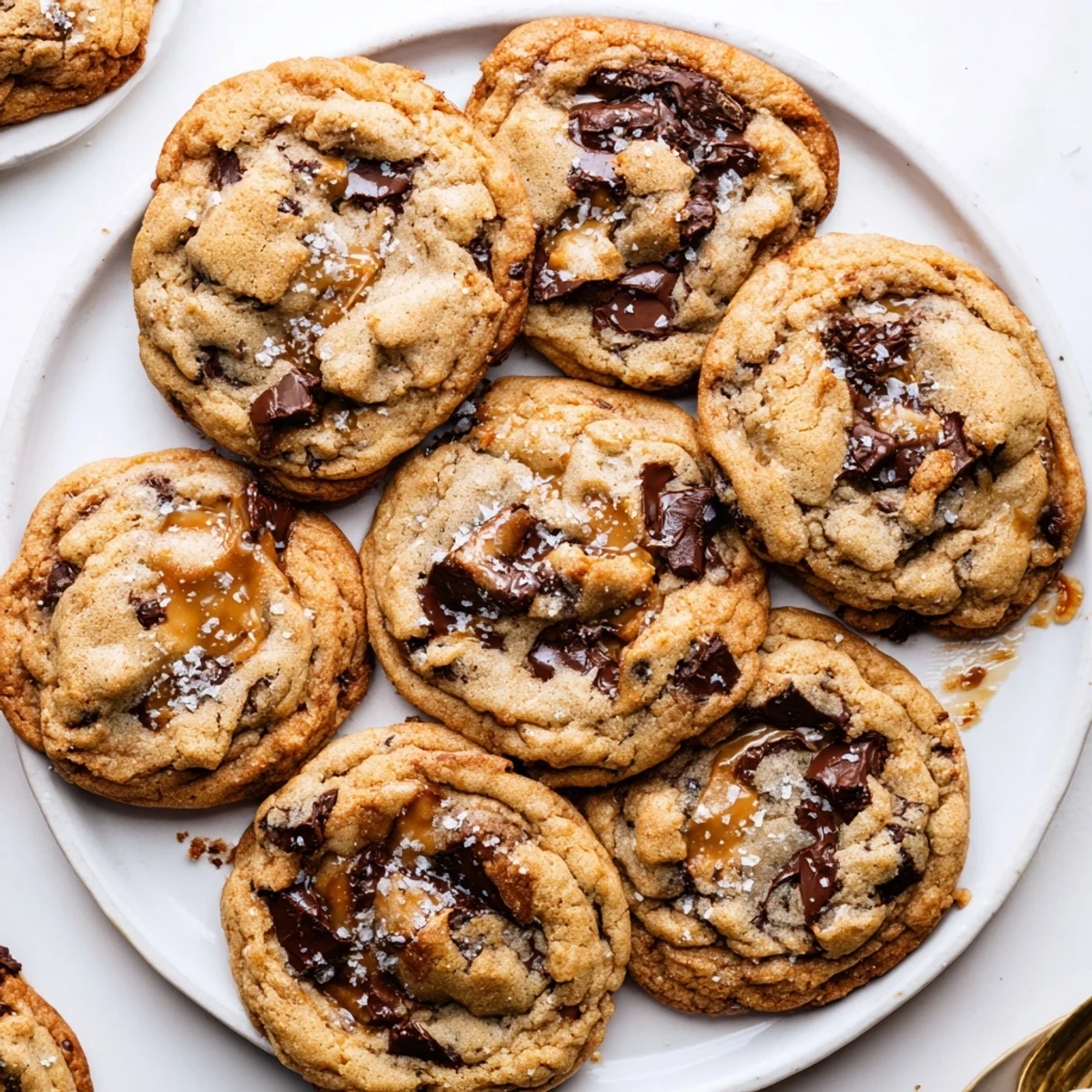 Close-up of a Miso Caramel Chocolate Chip Cookie broken in half to reveal rich chocolate and caramel.