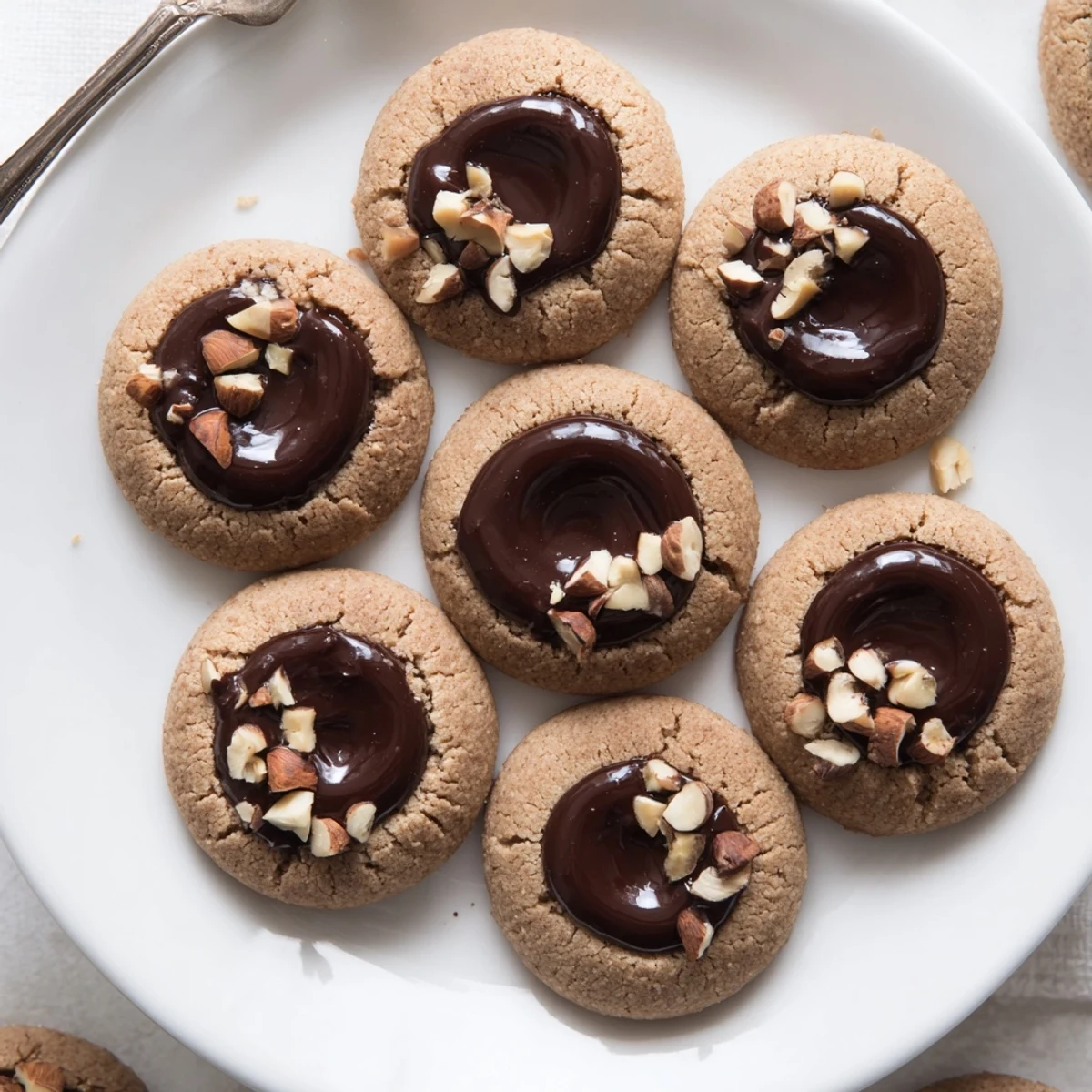 A close-up of Keto Chocolate Hazelnut Thumbprint Cookies on a rustic wooden board, each cookie filled with glossy, fudgy chocolate.