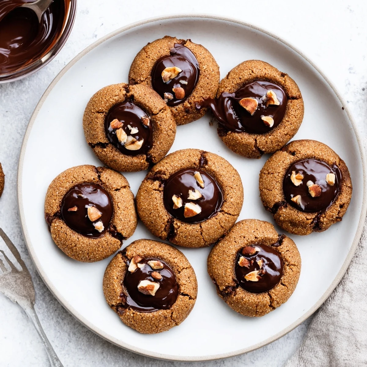 These low-carb Keto Chocolate Hazelnut Thumbprint Cookies have a rich, nutty aroma and are topped with chopped toasted hazelnuts.