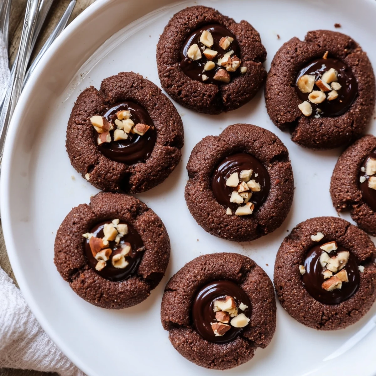Arrange the Keto Chocolate Hazelnut Thumbprint Cookies on a cooling rack, ready to serve with a glass of cold almond milk.