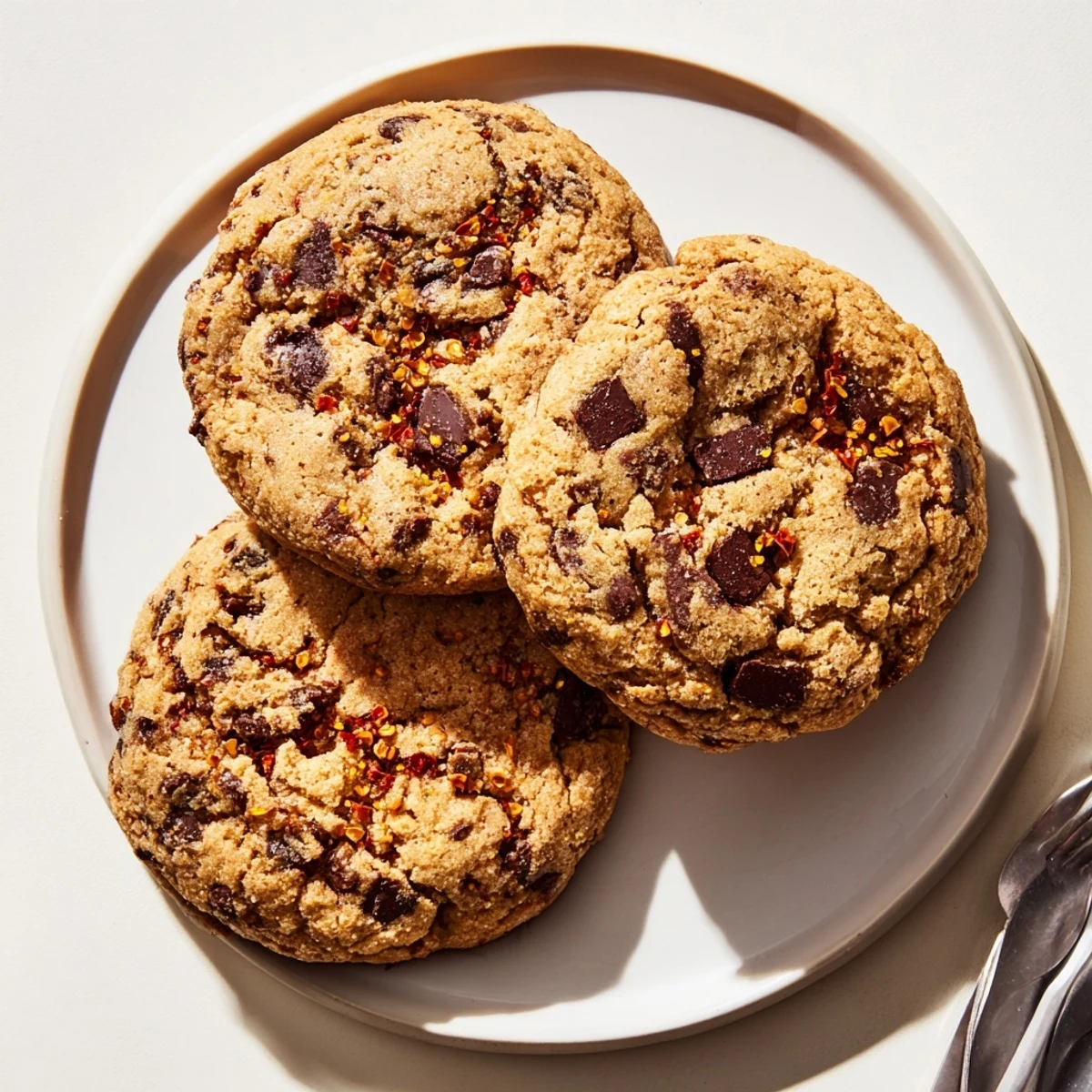 Freshly baked Chili Crisp Chocolate Chip Cookies stacked on a white plate with a glass of milk for dipping.