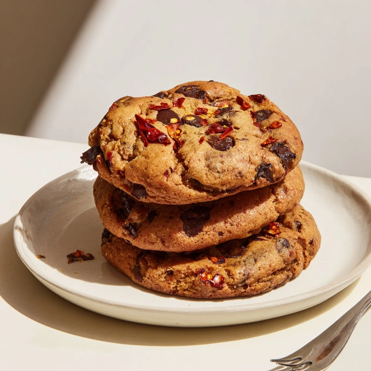 Chili Crisp Chocolate Chip Cookies with crispy edges and chewy centers, topped with spicy chili oil and chocolate chunks.