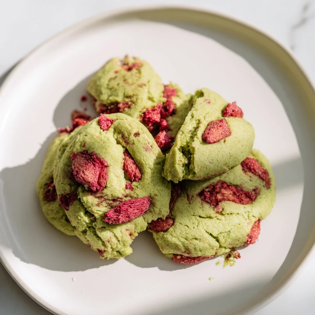Chewy, vibrant green gluten-free strawberry matcha cookies studded with strawberry bits on a white plate for tea time.