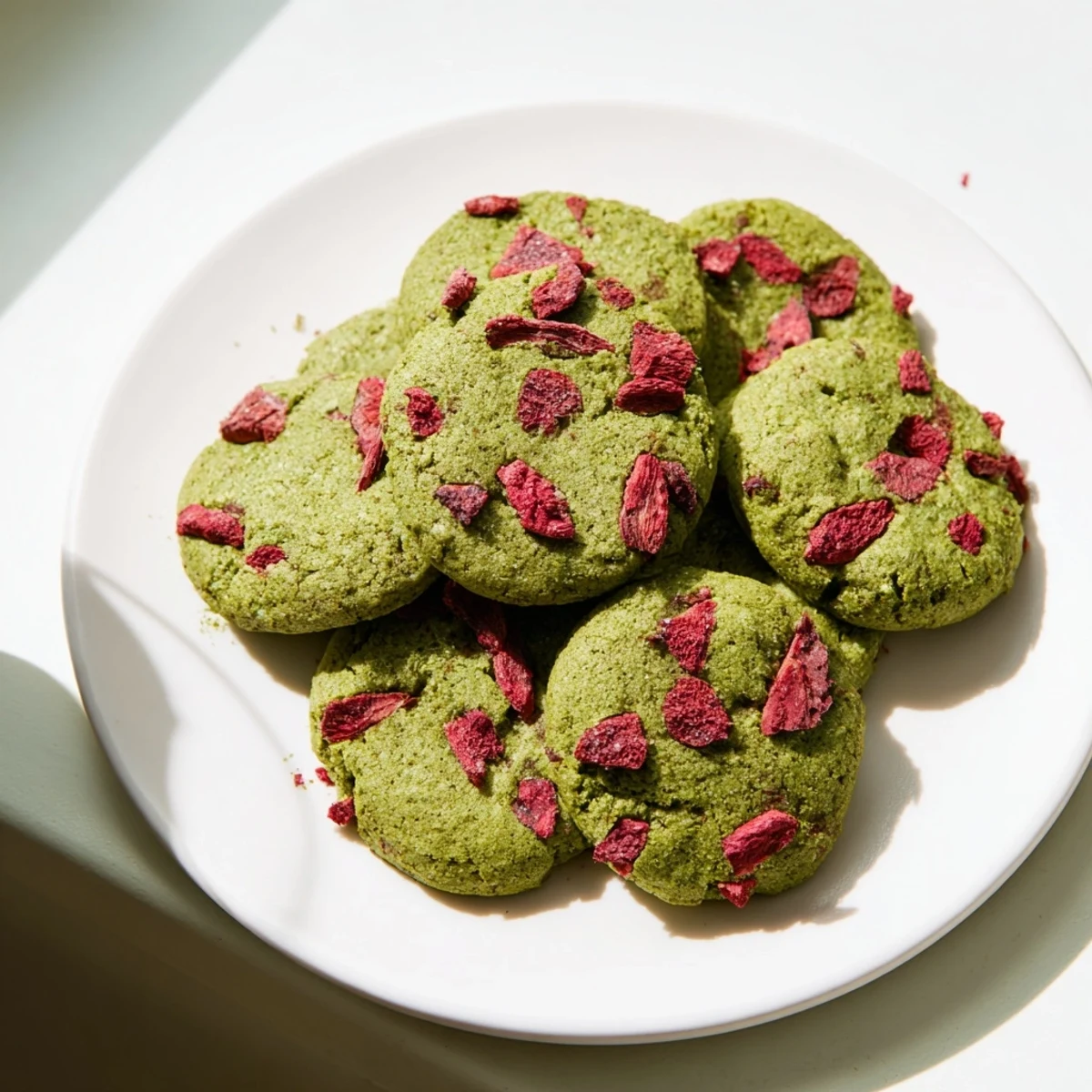 Gluten-free strawberry matcha cookies displayed on a pastel plate, perfect for afternoon snack or dessert in an American kitchen.