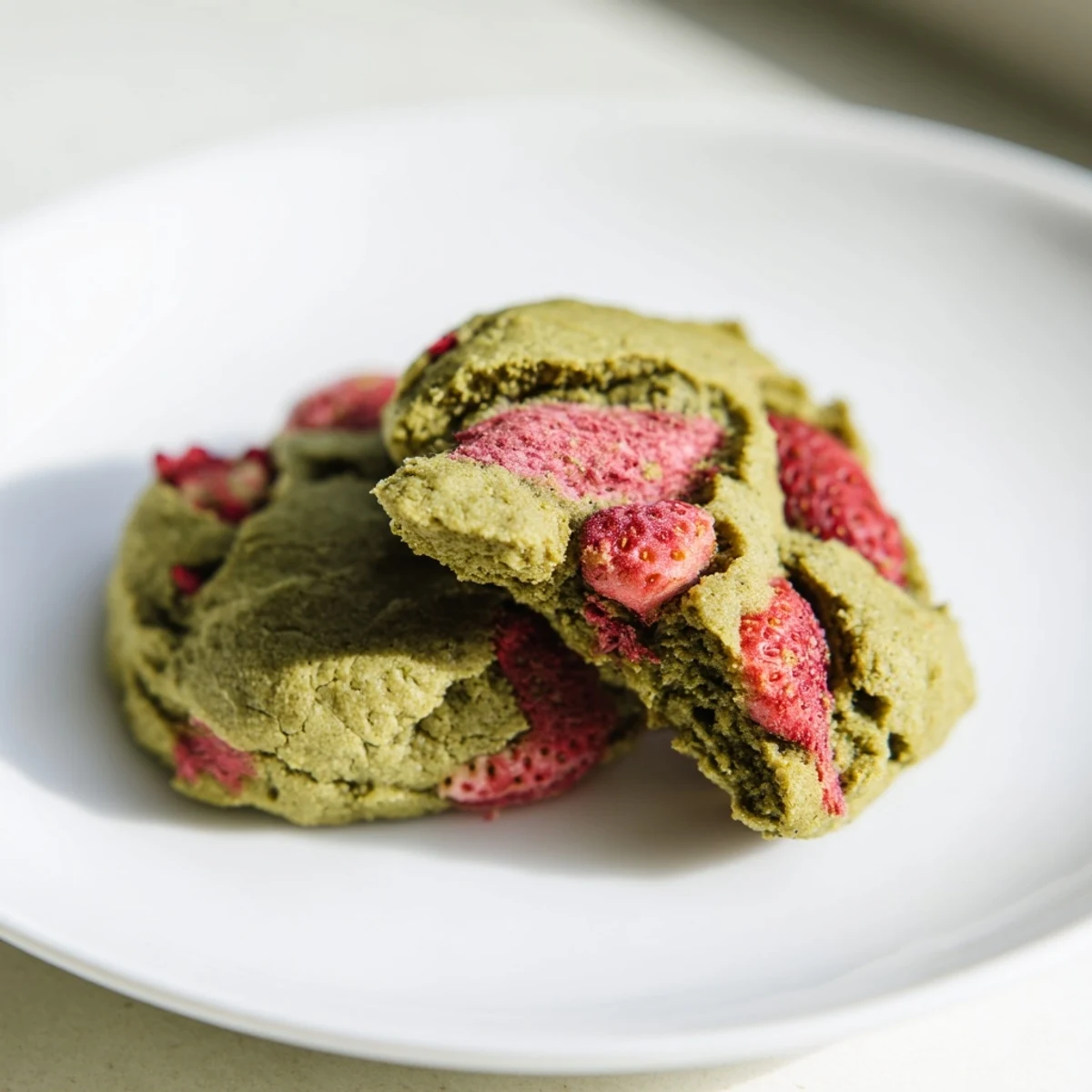 Freshly baked gluten-free strawberry matcha cookies with visible matcha flecks and tangy strawberry pieces on a cooling rack.