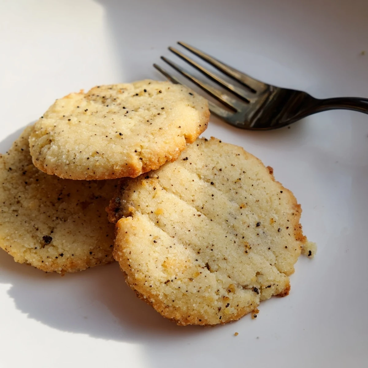 Golden edged Keto Vanilla Bean Butter Cookies stacked high, ready to enjoy with a hot cup of coffee.