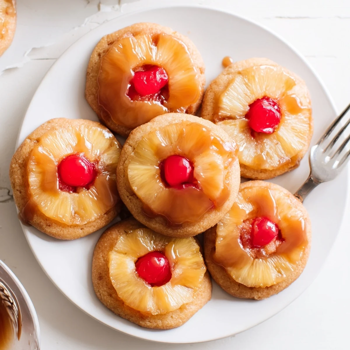 Golden Pineapple Upside Down Sugar Cookies fresh from the oven with caramelized pineapple rings and bright red cherries.