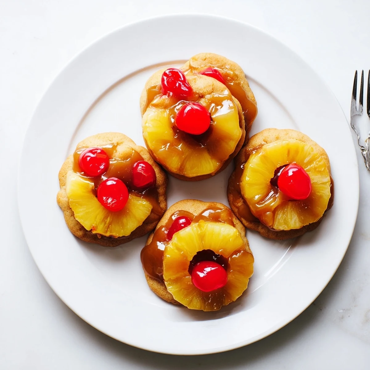 Enjoy soft sugar cookies topped with pineapple and a cherry, served warm with a scoop of vanilla ice cream.