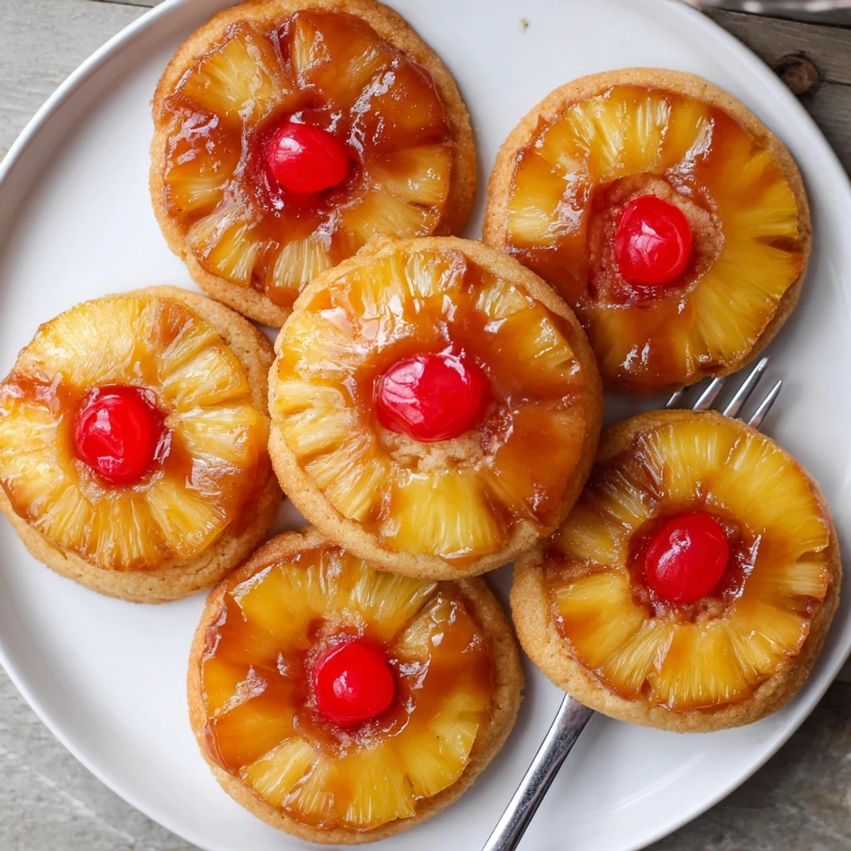 A close view of homemade Pineapple Upside Down Sugar Cookies on a cooling rack, showcasing caramelized edges and moist fruit.