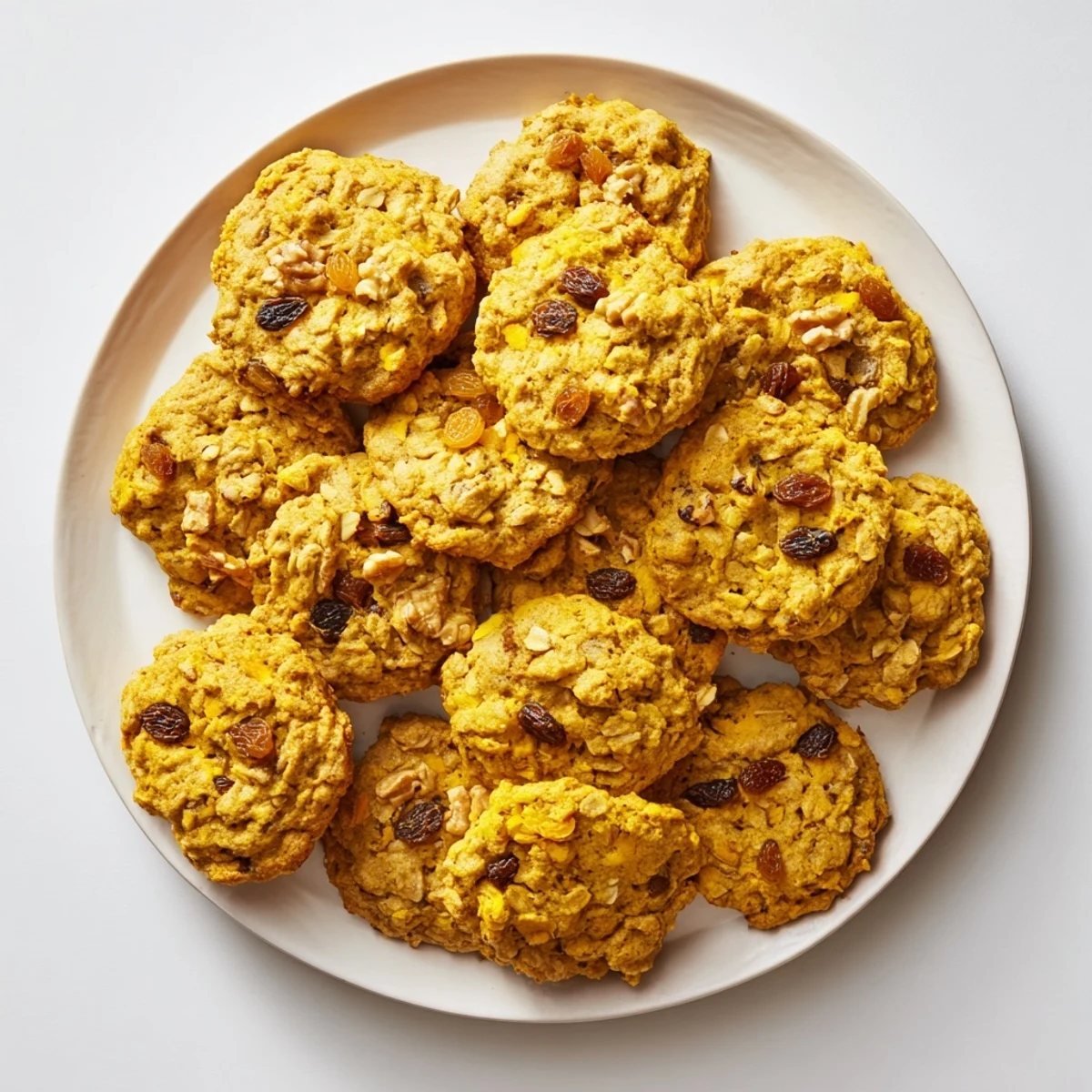 A close-up of Golden Milk Oatmeal Raisin Cookies with golden raisins and oats