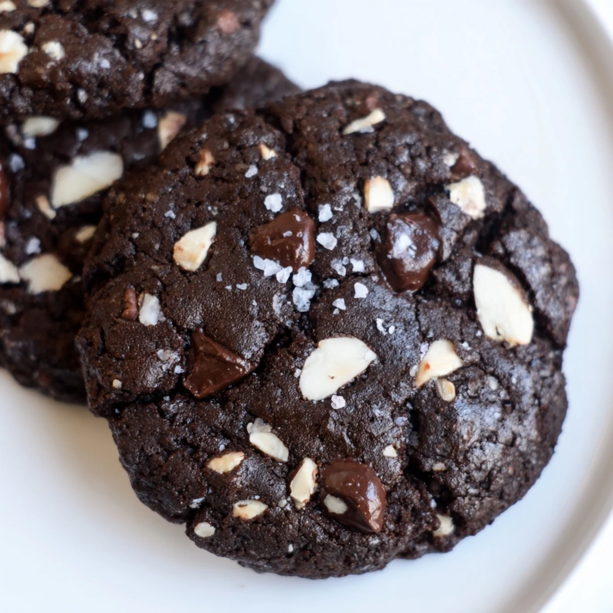 Golden-brown Keto Salted Dark Chocolate Almond Cookies are arranged on a cooling rack with melted chocolate chunks and toasted almond pieces.