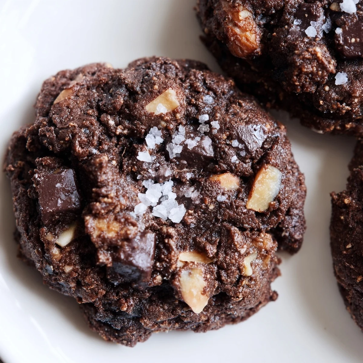 Freshly baked Keto Salted Dark Chocolate Almond Cookies rest on a marble counter, surrounded by raw ingredients like almond flour and cocoa powder.
