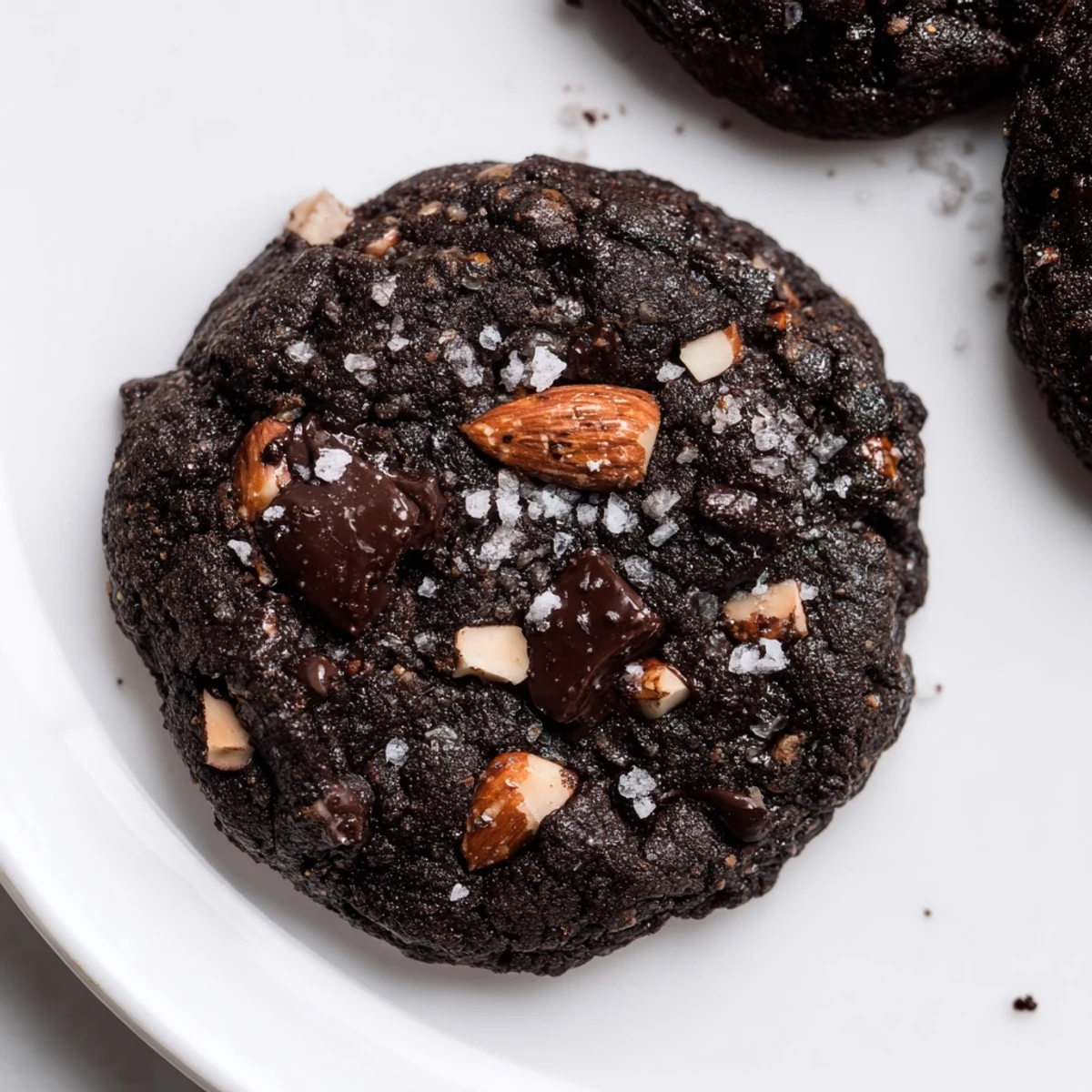 A close-up of Keto Salted Dark Chocolate Almond Cookies shows a chewy texture, sea salt flakes glistening, and a cup of black coffee nearby.