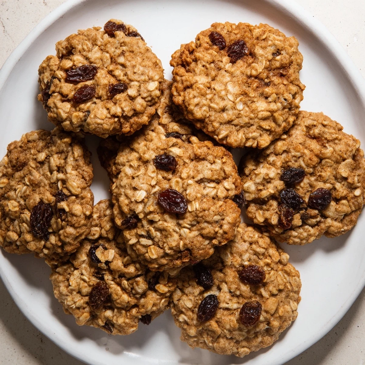 Golden-brown Vegan Brown Sugar Cinnamon Oatmeal Raisin Cookies cooling on a wire rack with chewy edges and plump raisins.