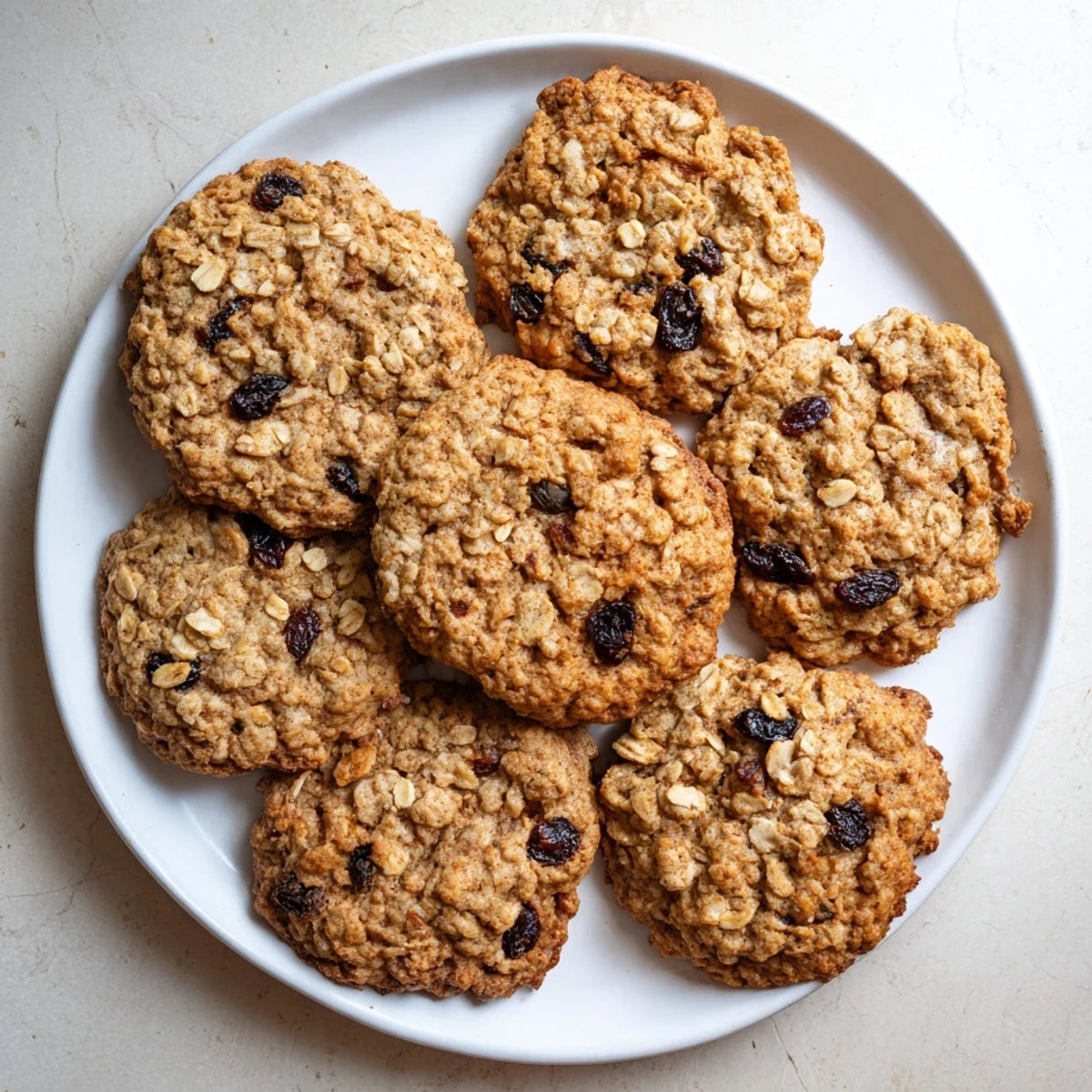 A close-up of freshly baked Vegan Brown Sugar Cinnamon Oatmeal Raisin Cookies, speckled with cinnamon and studded with oats and raisins.