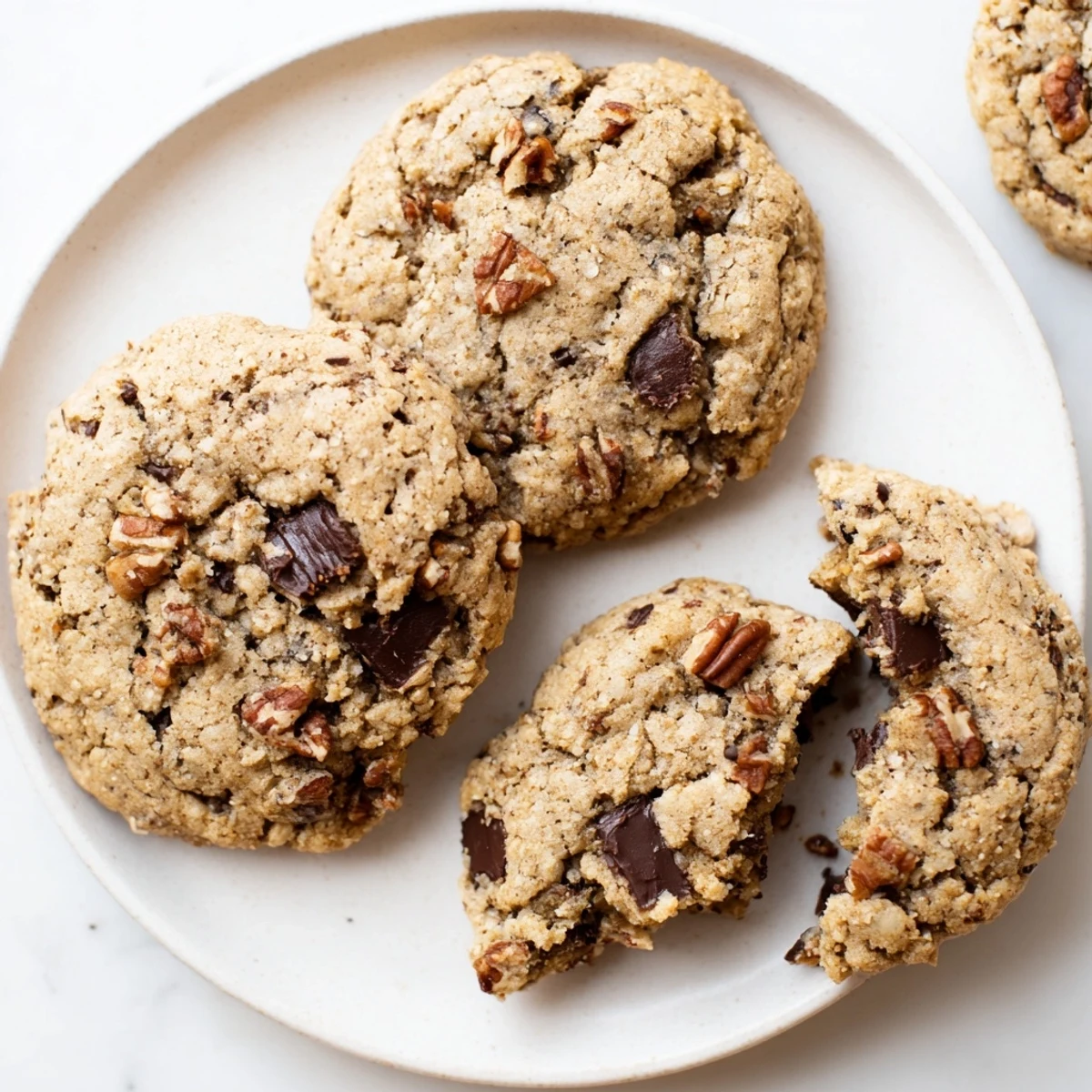 The finished Vegan Maple Pecan Chocolate Chip Cookies are stacked on a cooling rack with gooey melted chocolate and toasted nuts.  