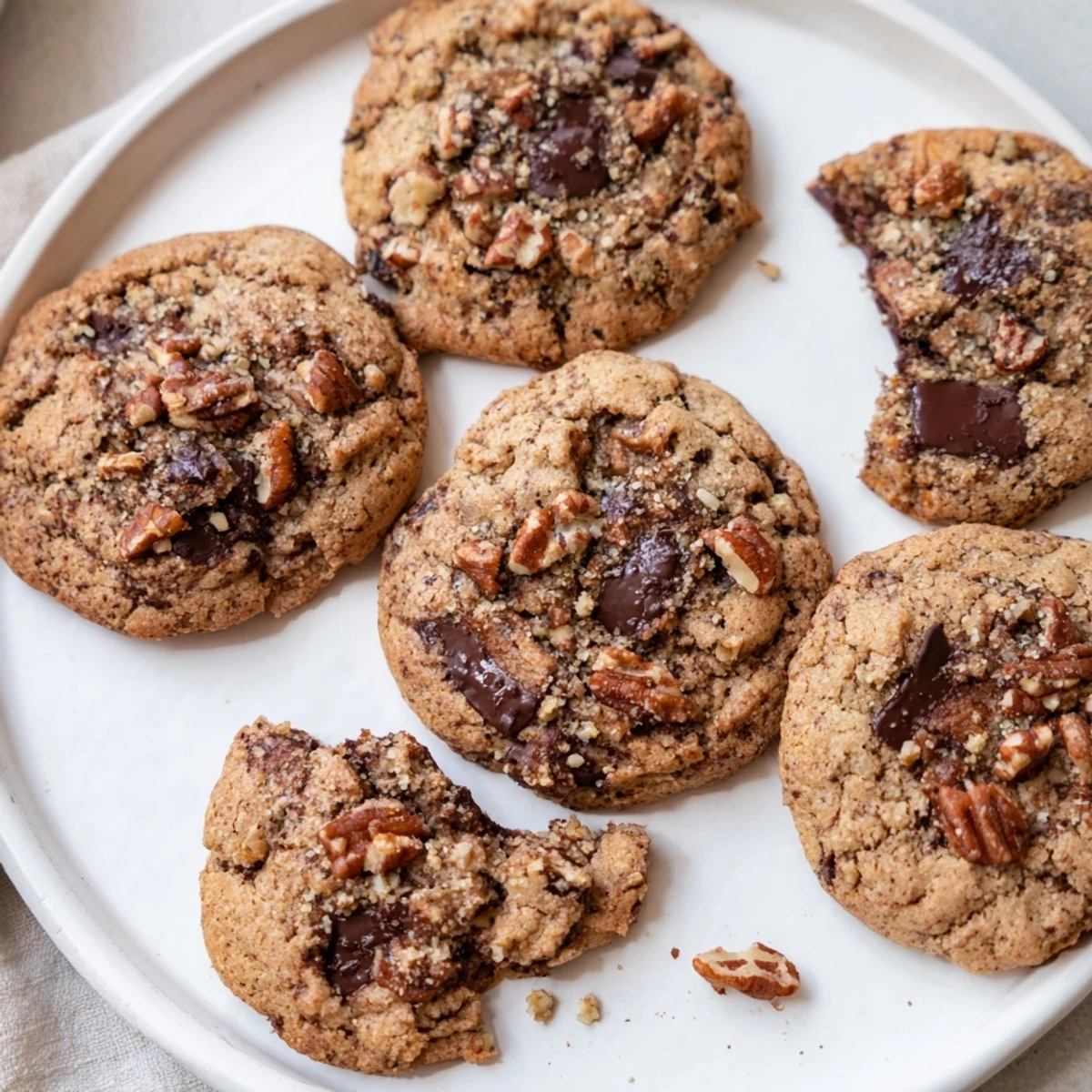 A batch of freshly baked Vegan Maple Pecan Chocolate Chip Cookies is displayed on a rustic wooden table with maple syrup drizzle.  