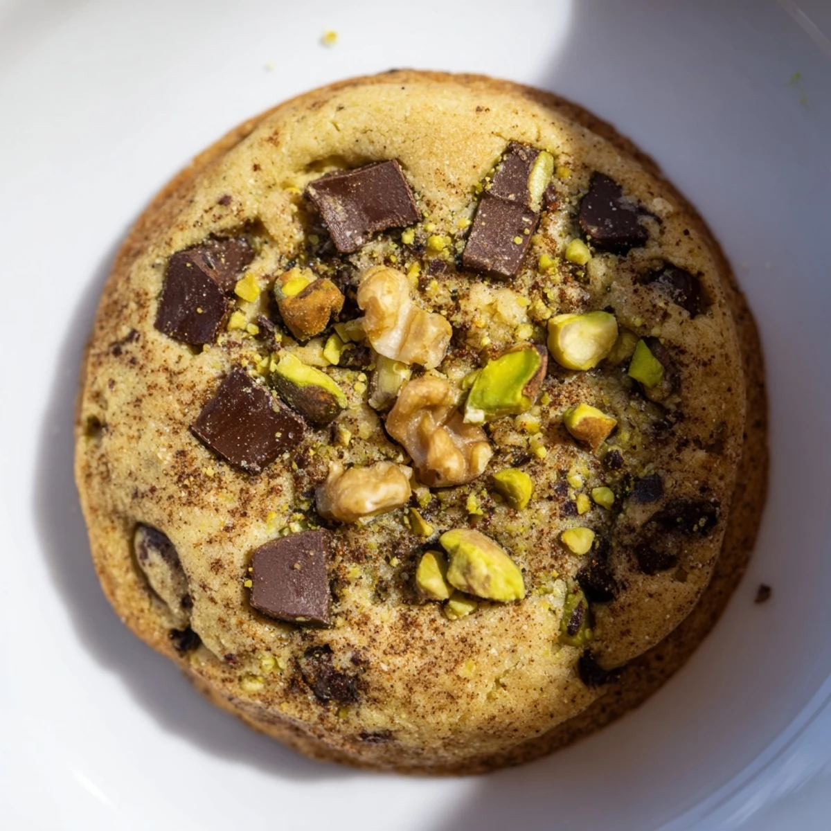 A close-up view of a Baklava Inspired Chocolate Chip Cookie stacked with honey and chopped pistachios.