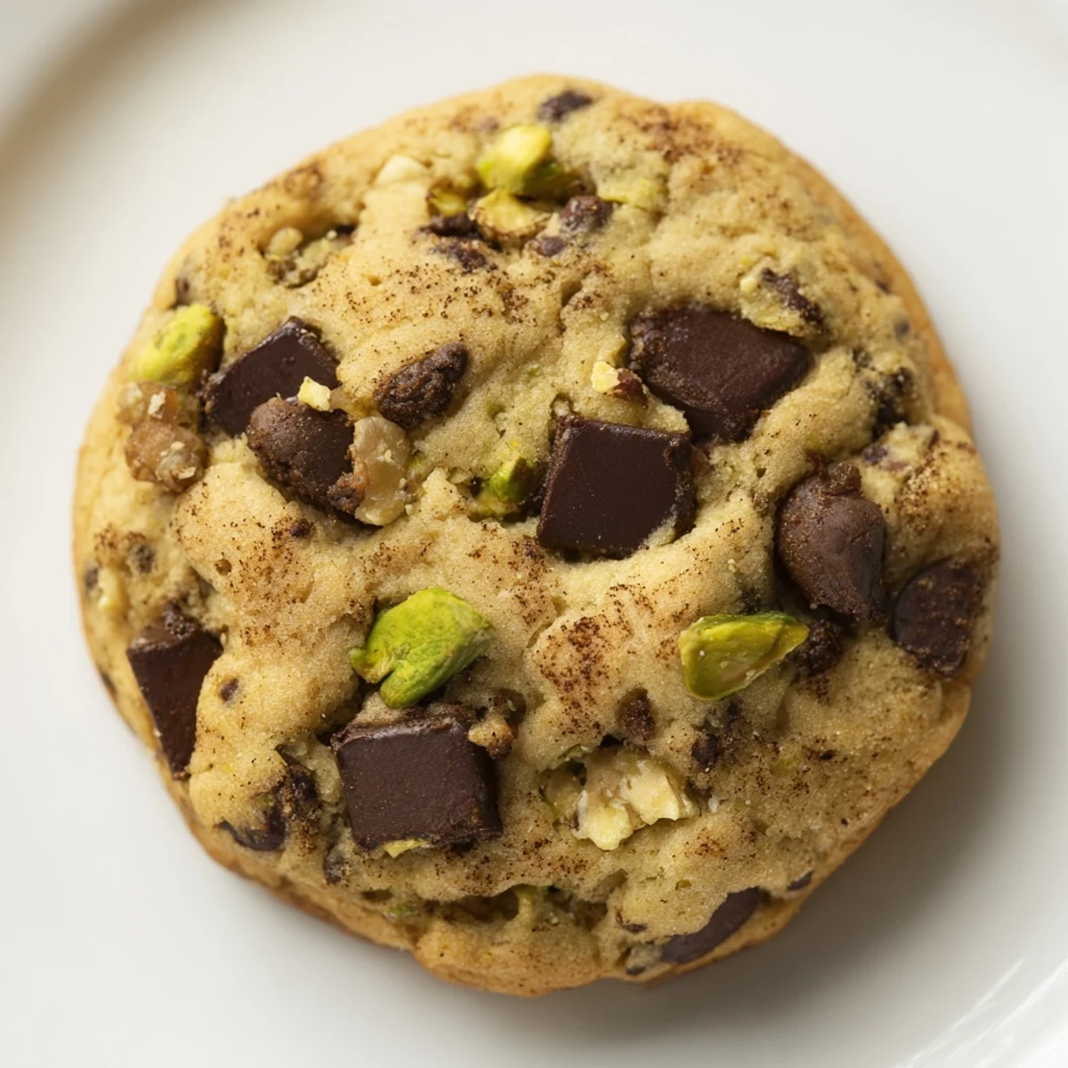Overhead shot of Baklava Inspired Chocolate Chip Cookies on a plate, studded with nuts and semi-sweet chocolate chips.